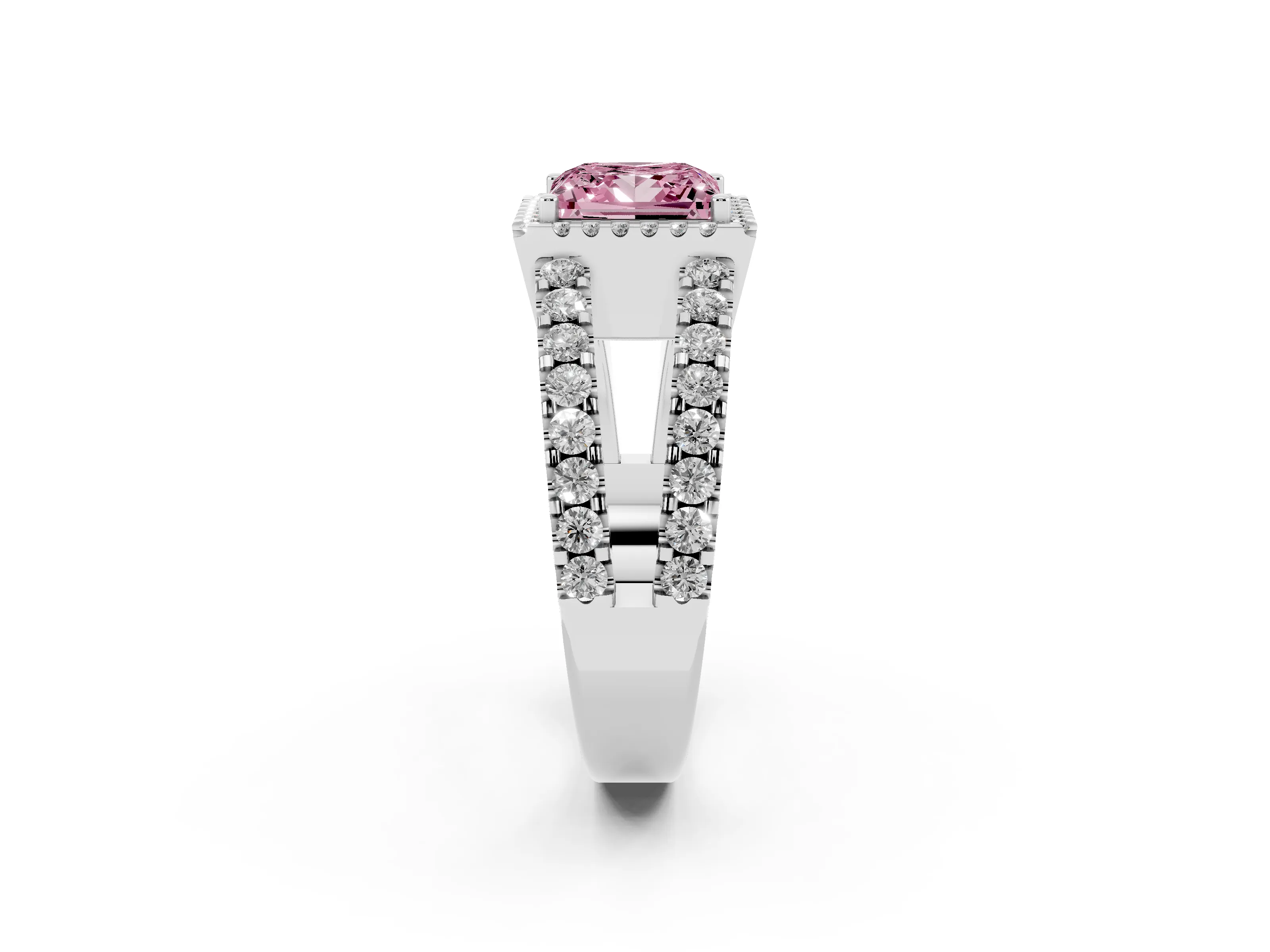 Fancy Pink Princess Cut Diamond Halo Ring Set in Silver with Pavé Split Shank and Prong Setting