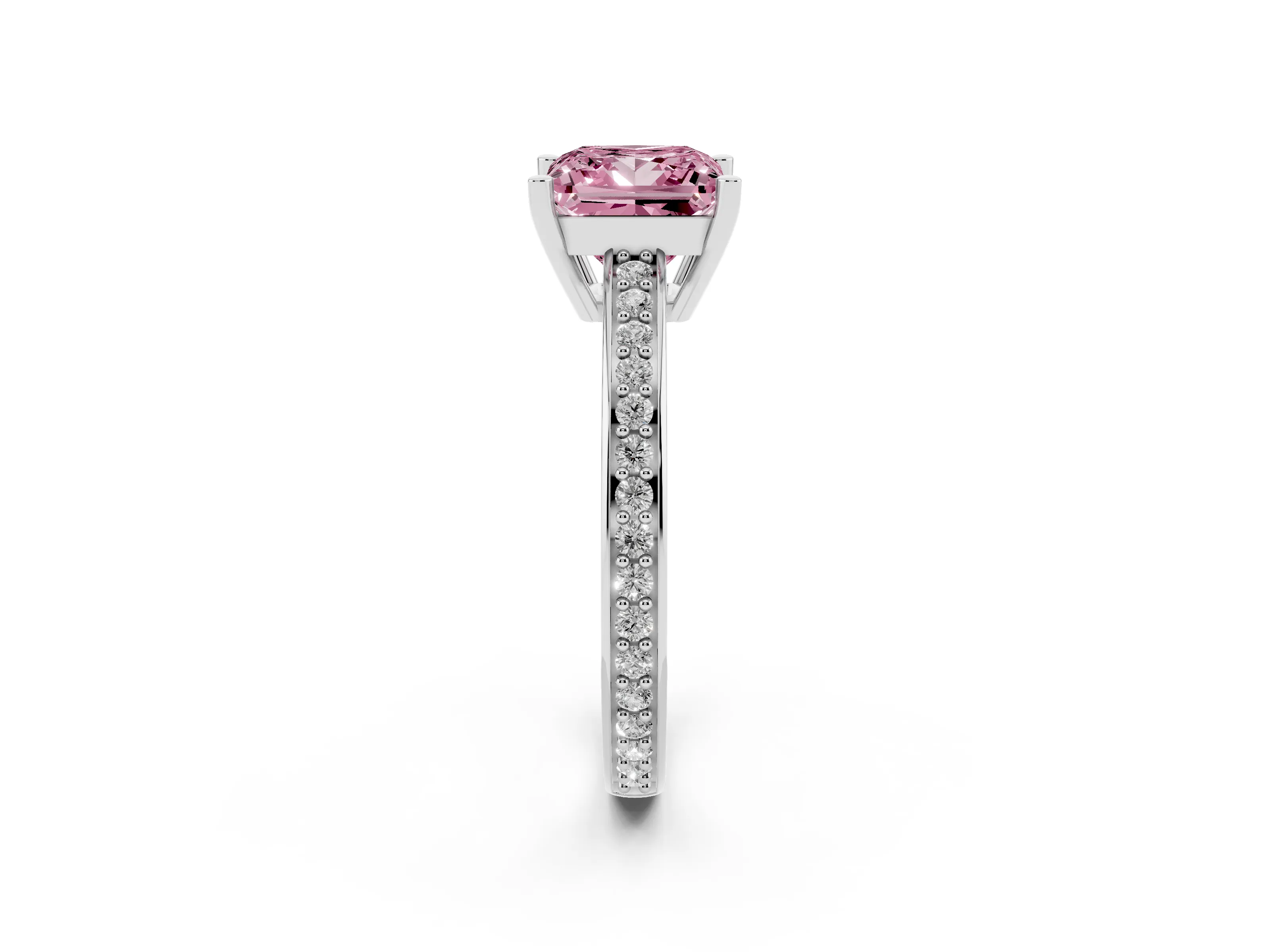 Fancy Pink Princess Cut Diamond Pavé Band Prong Set Solitaire Ring Set in Silver