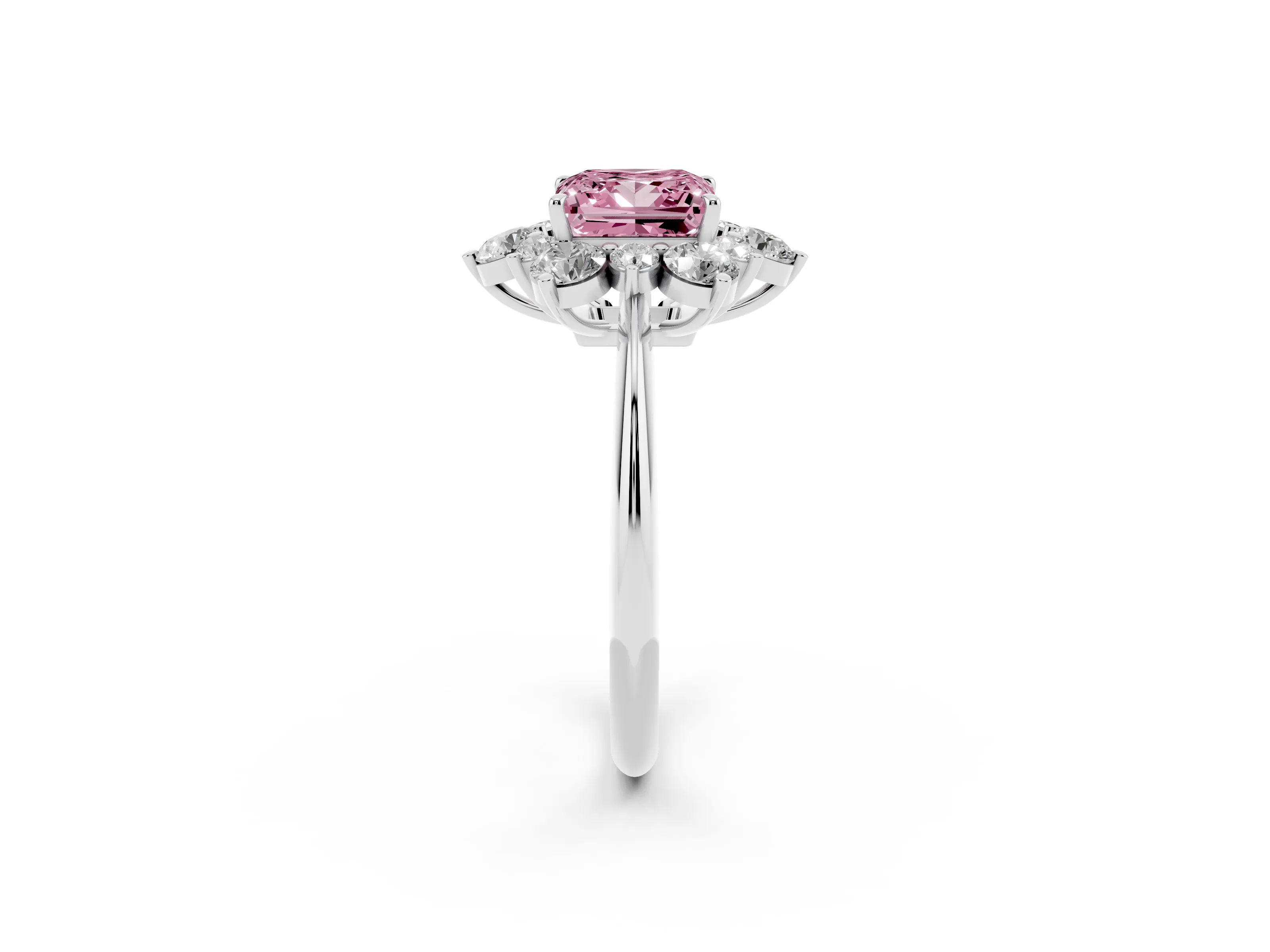 Fancy Pink Princess Cut Diamond Cluster Halo Ring Set in Silver with Solitaire Band and Prong Setting