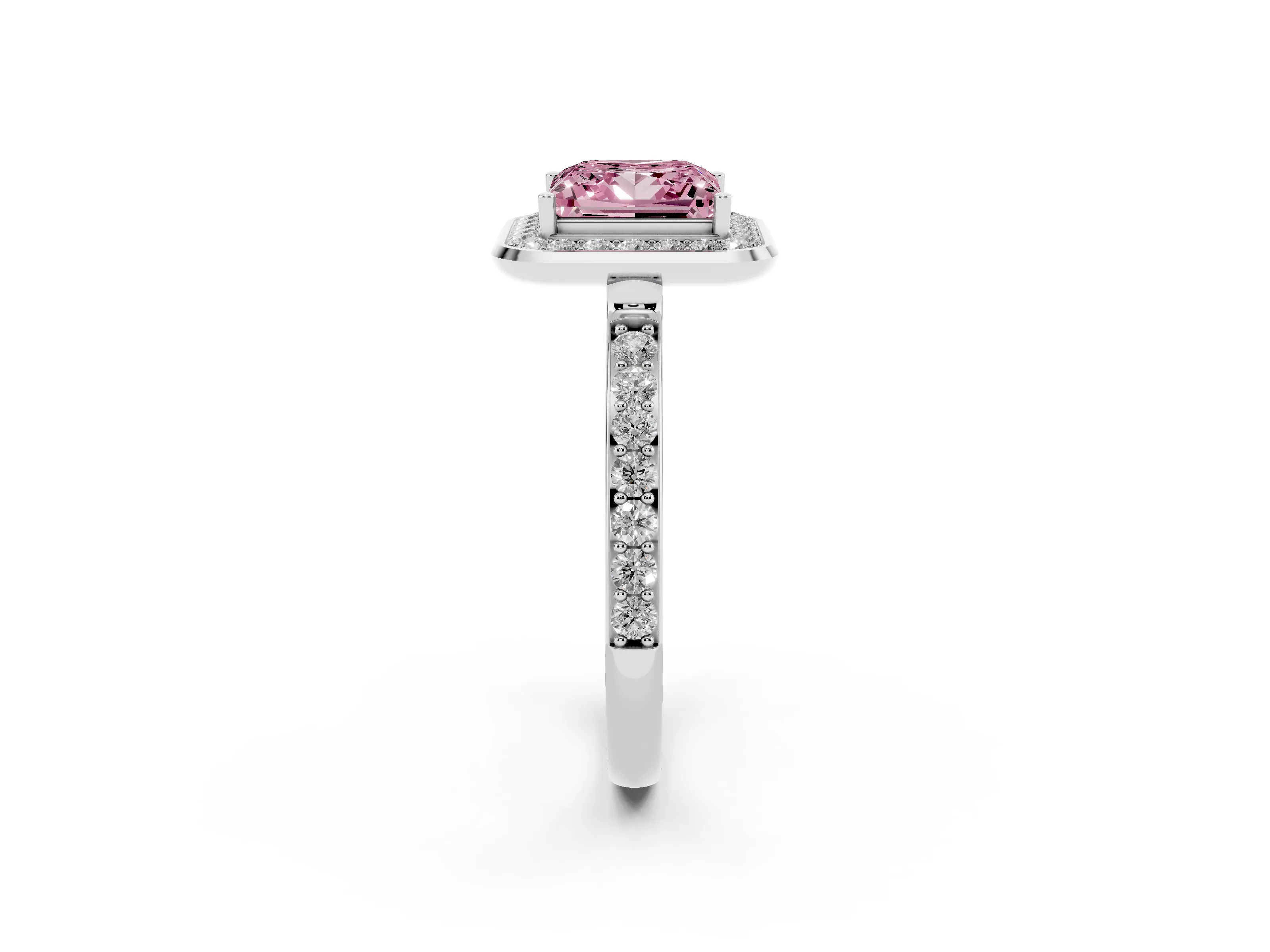 Fancy Pink Princess Cut Diamond Halo Ring Set in Silver with Bezel Frame and Pavé Band