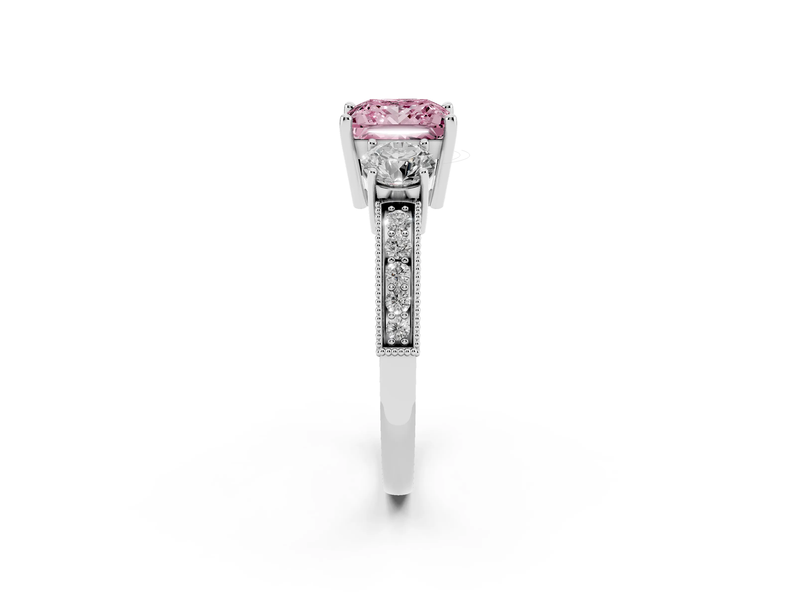 Fancy Pink Princess Cut Diamond Three-Stone Ring Set in Platinum with Round Side Stones and Pavé Band