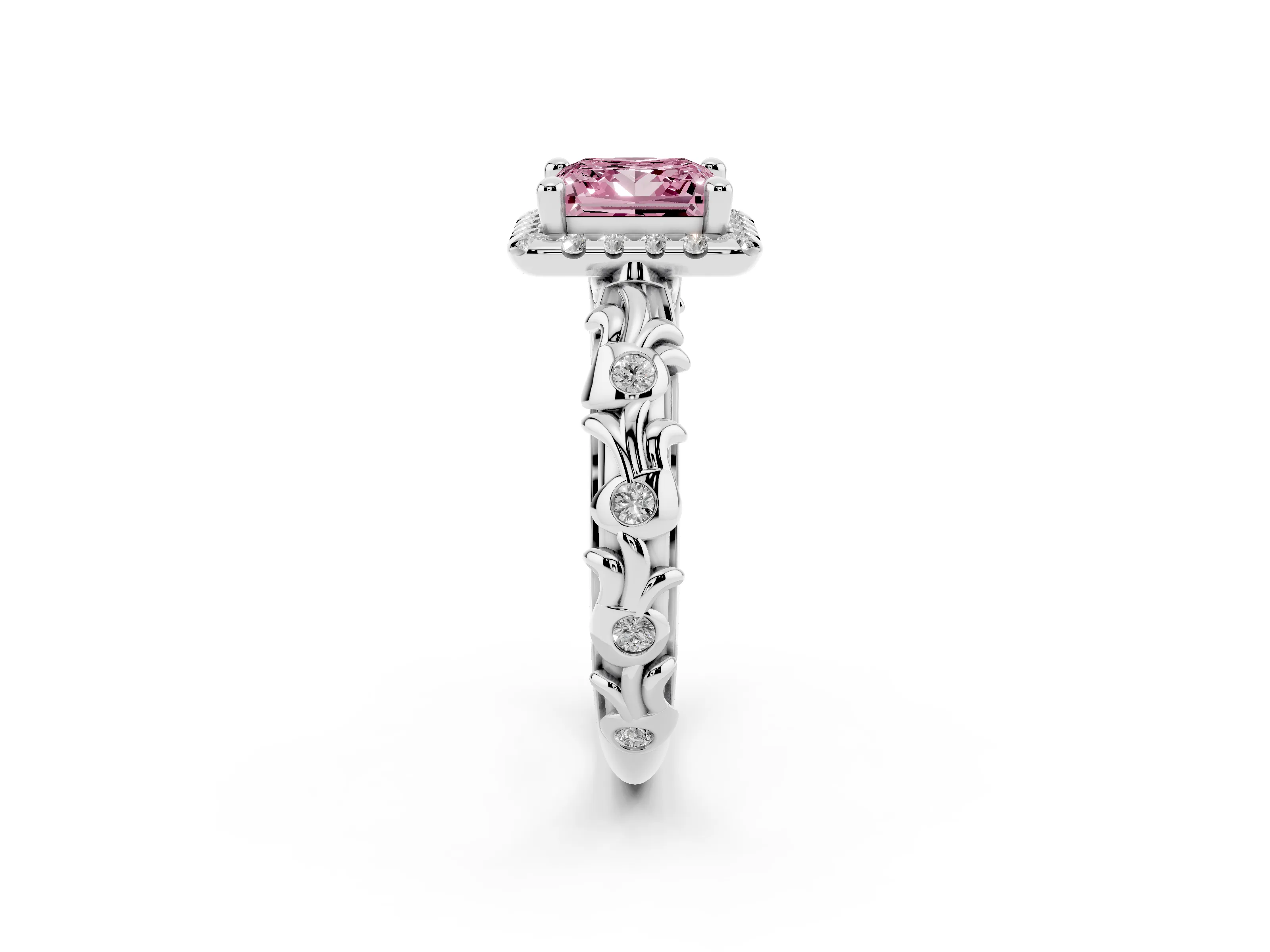 Fancy Pink Princess Cut Diamond Halo Ring Set in Silver with Filigree Leaf Band and Prong Setting