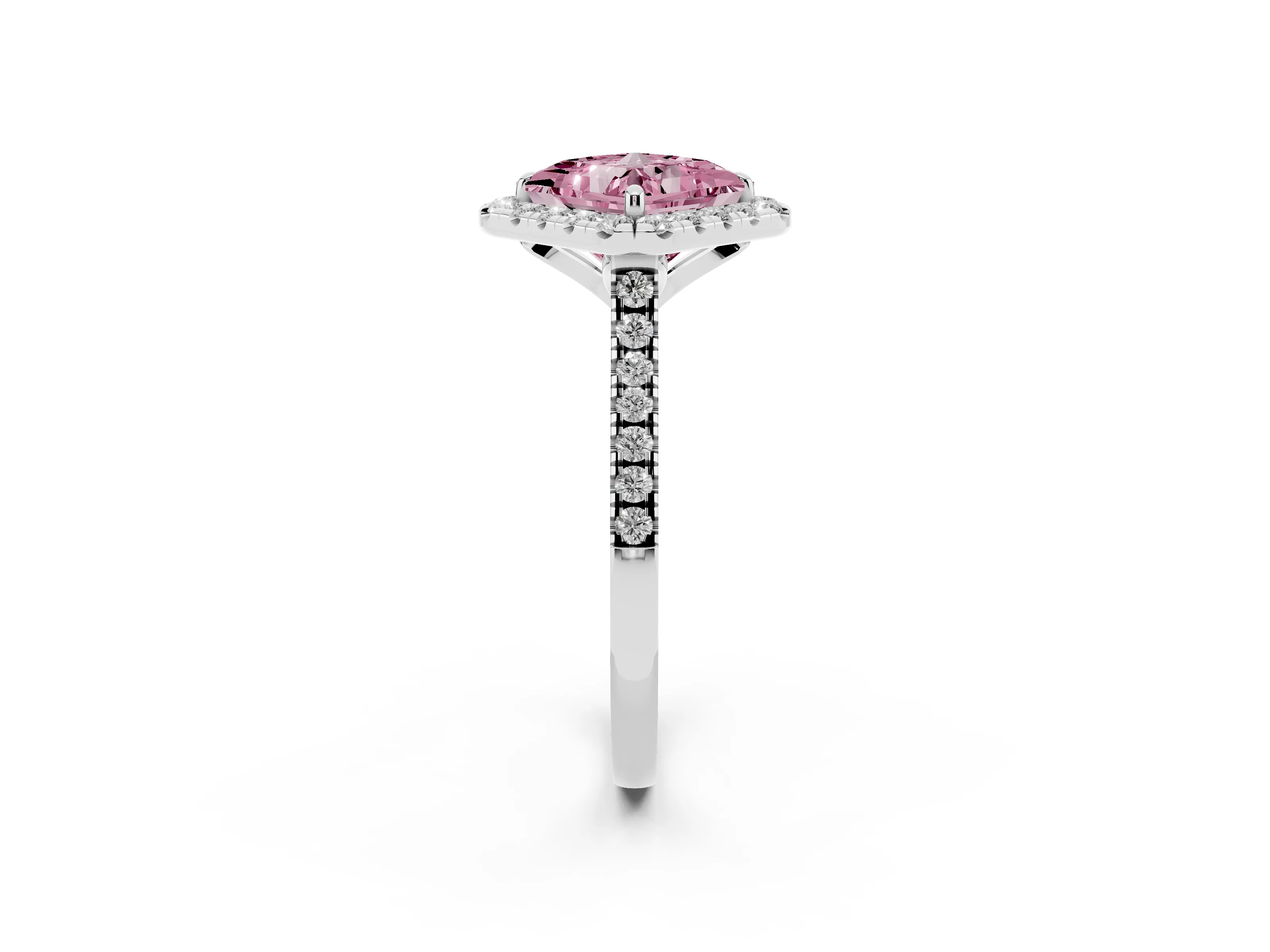 Fancy Pink Princess Cut Diamond Cushion Halo Ring Set in White gold with Pavé Band