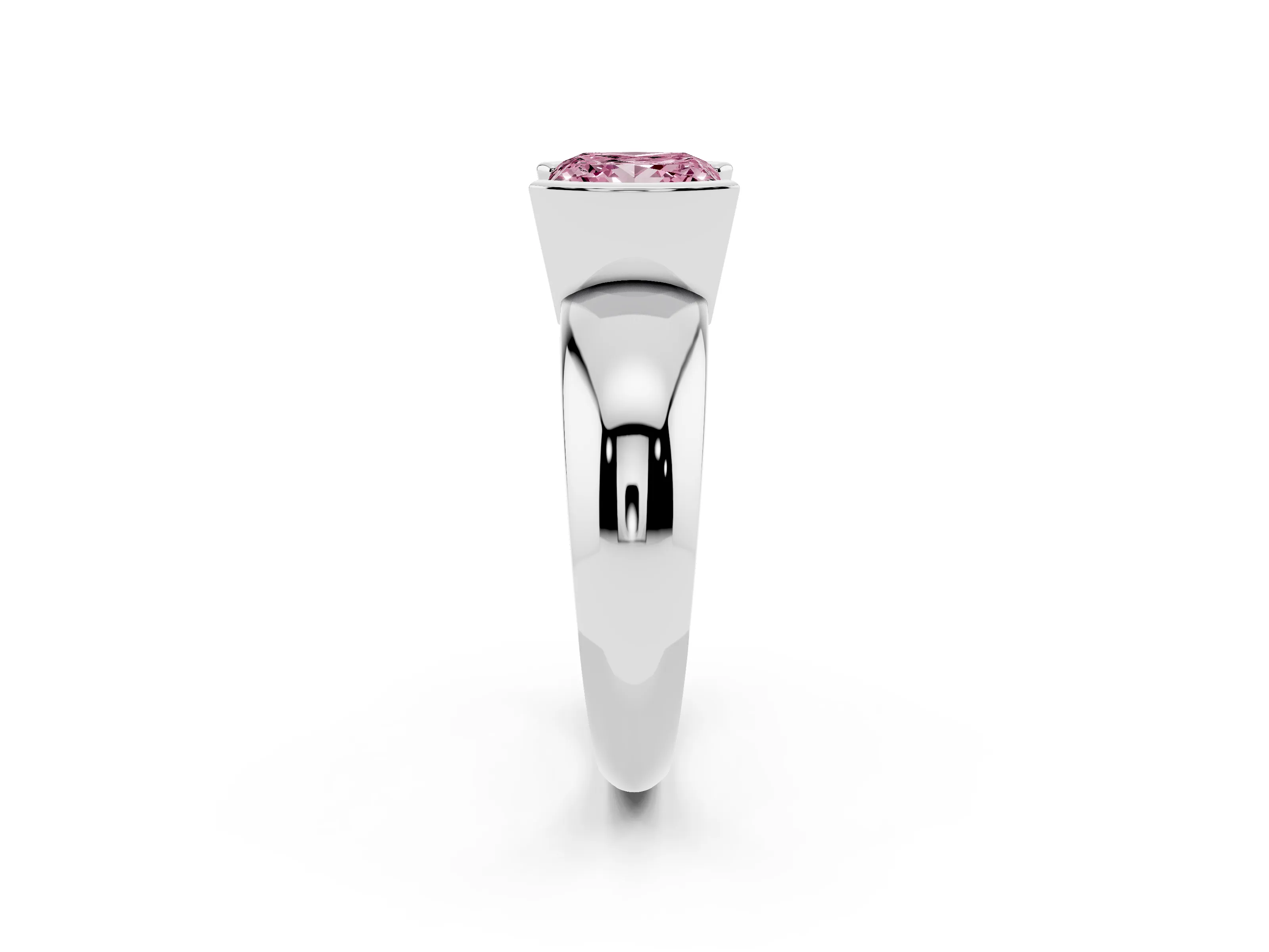 Fancy Pink Princess Cut Diamond Solitaire Tension Set Ring Set in White gold with Wide Band