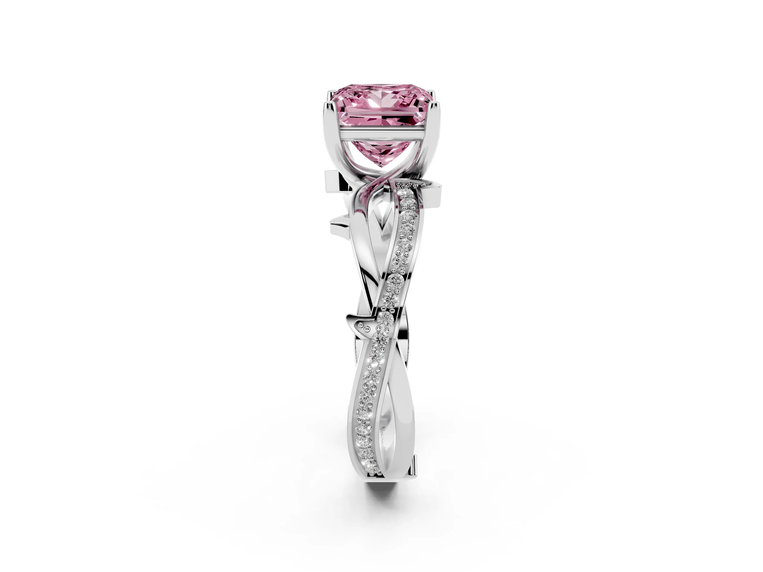 Fancy Pink Princess Cut Diamond Pavé Twist Band Solitaire Ring Set in Silver with Prong Setting