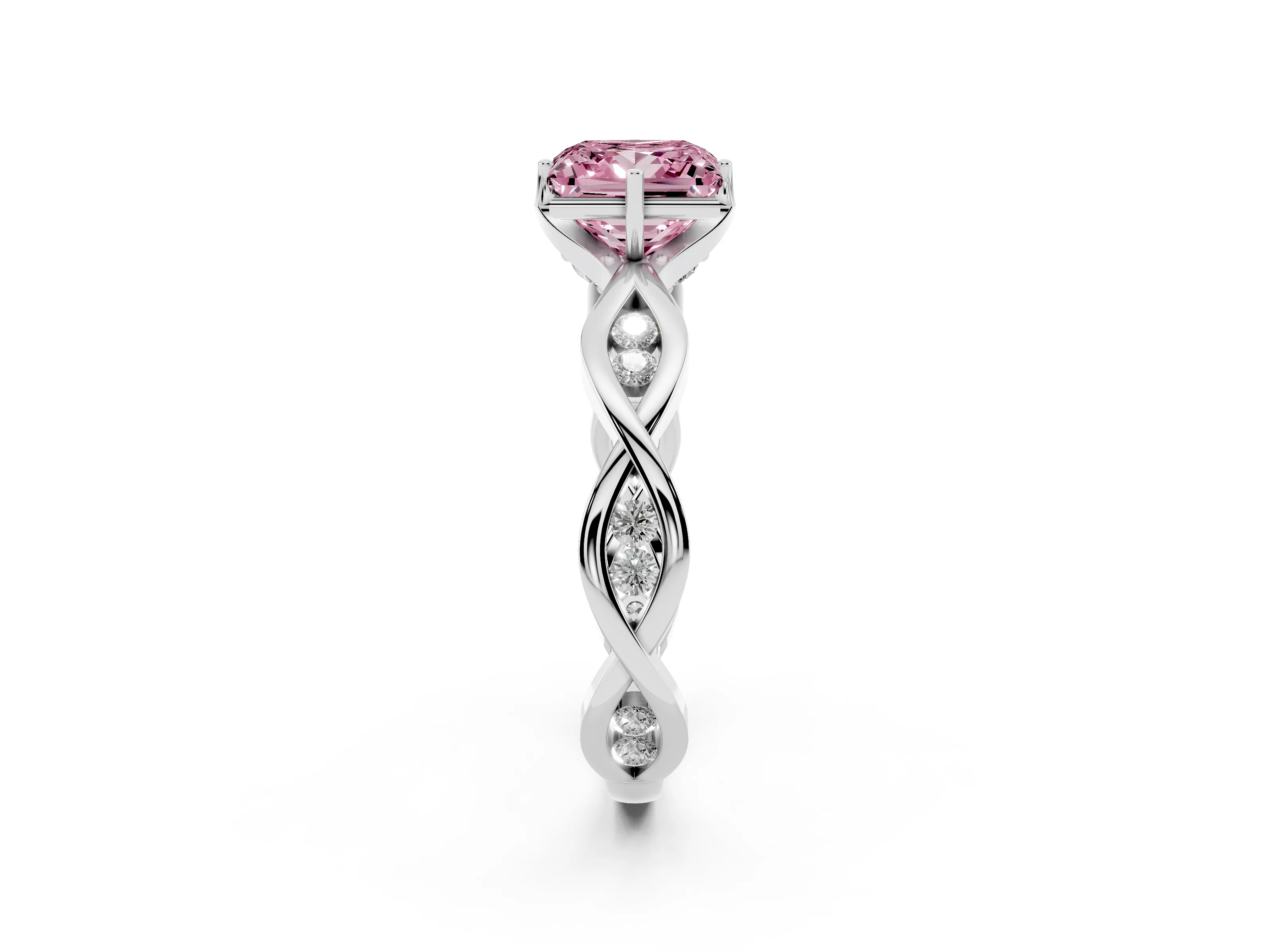 Fancy Pink Princess Cut Diamond Twist Band Solitaire Ring Set in Silver with Leaf Prong Setting and Accent Stones