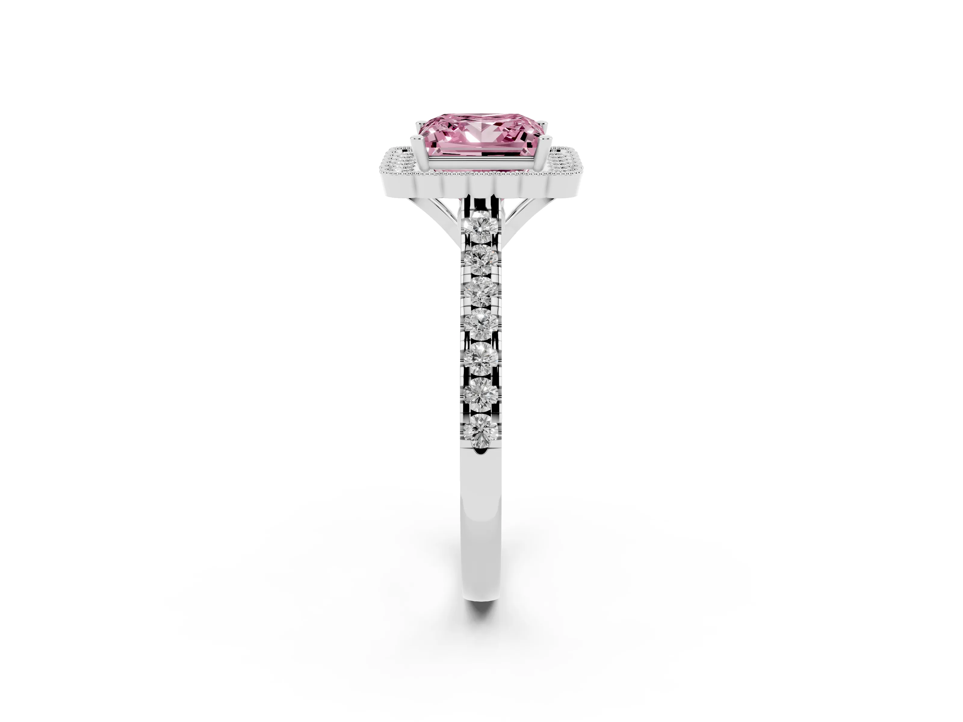 Fancy Pink Princess Cut Diamond Milgrain Floral Halo Engagement Ring Set in White gold with Pavé Band