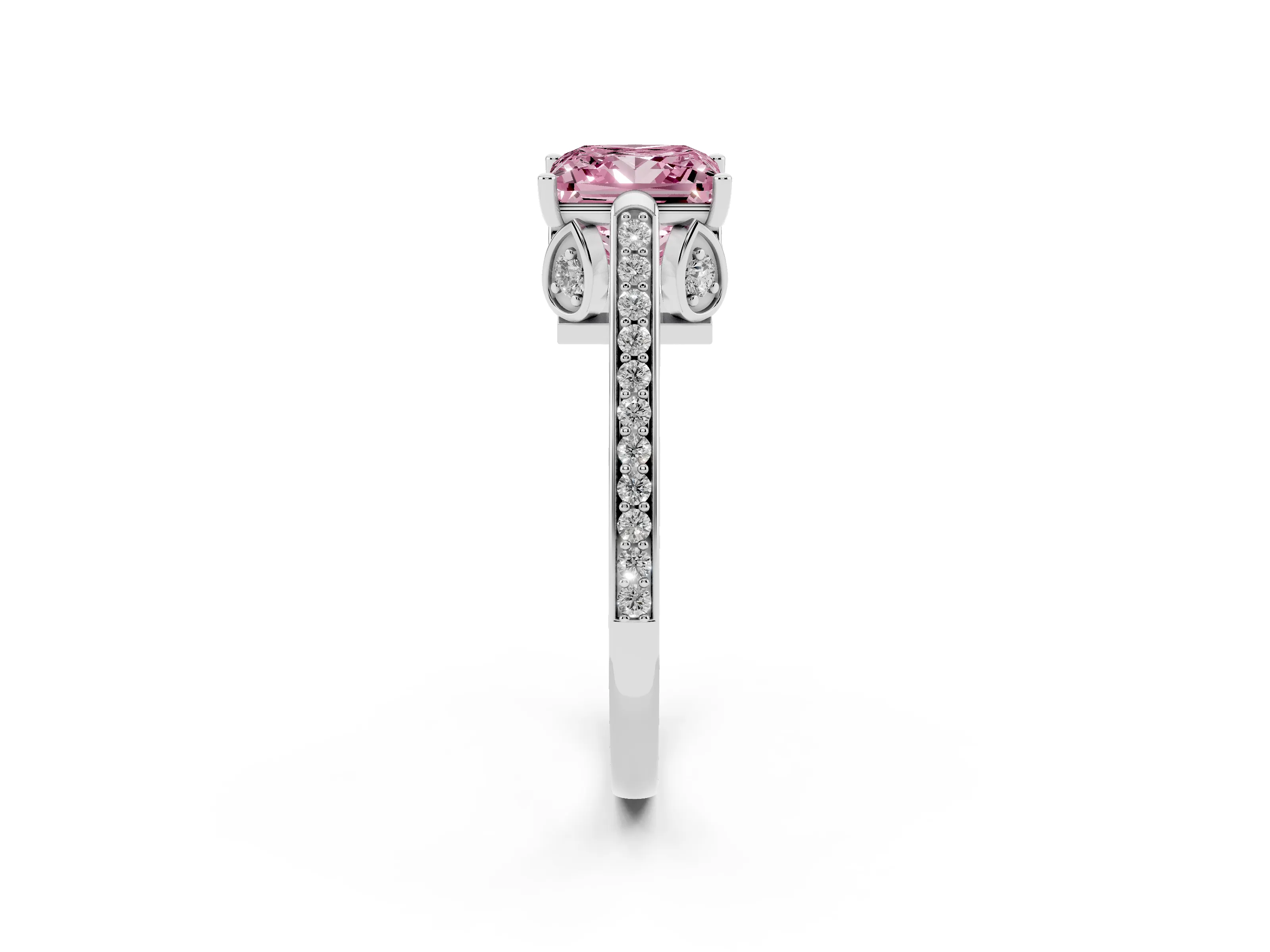 Fancy Pink Princess Cut Diamond Cathedral Pavé Engagement Ring Set in White gold with Prong Setting