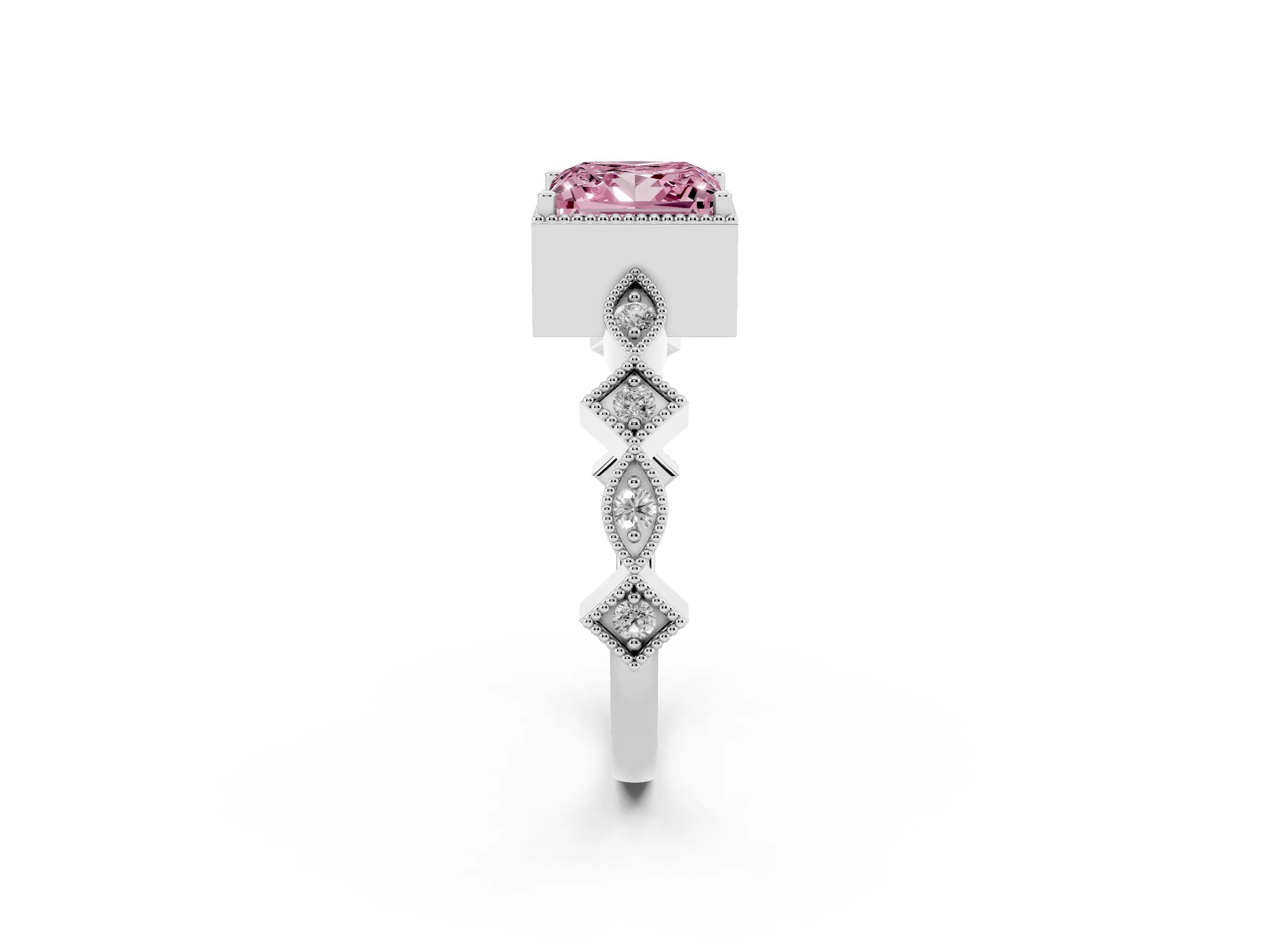 Fancy Pink Princess Cut Diamond Milgrain Marquise Twist Band Ring Set in White gold with Prong Setting