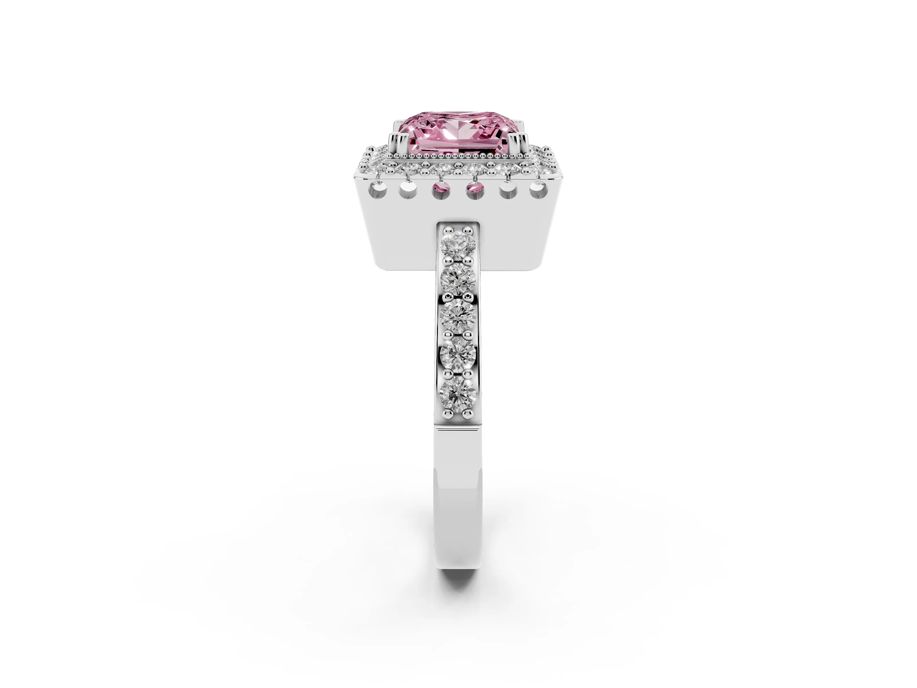 Fancy Pink Princess Cut Diamond Halo Ring Set in Silver with Pavé Shank and Prong Setting