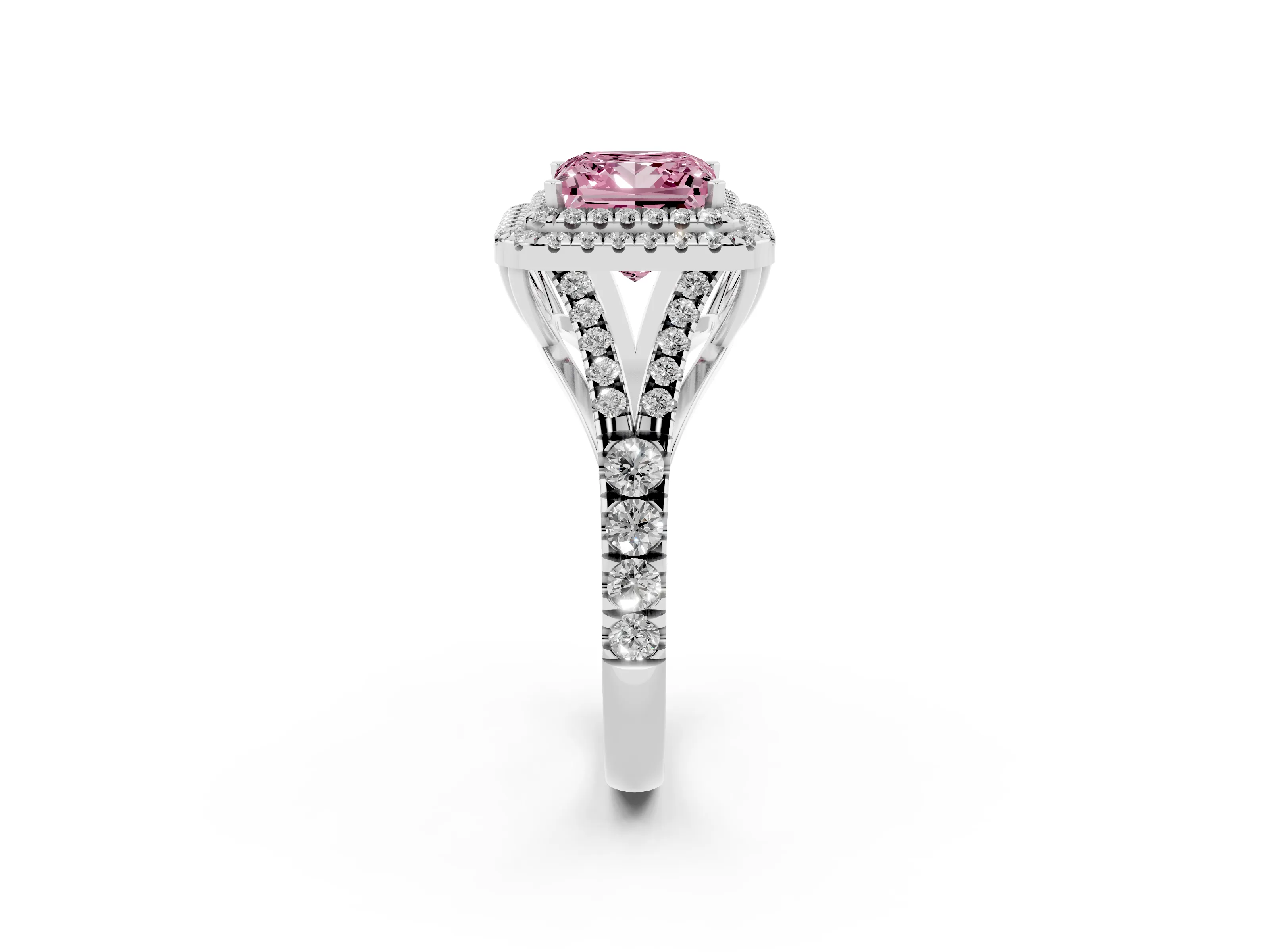 Fancy Pink Princess Cut Diamond Pavé Split Shank Double Halo Engagement Ring Set in Platinum