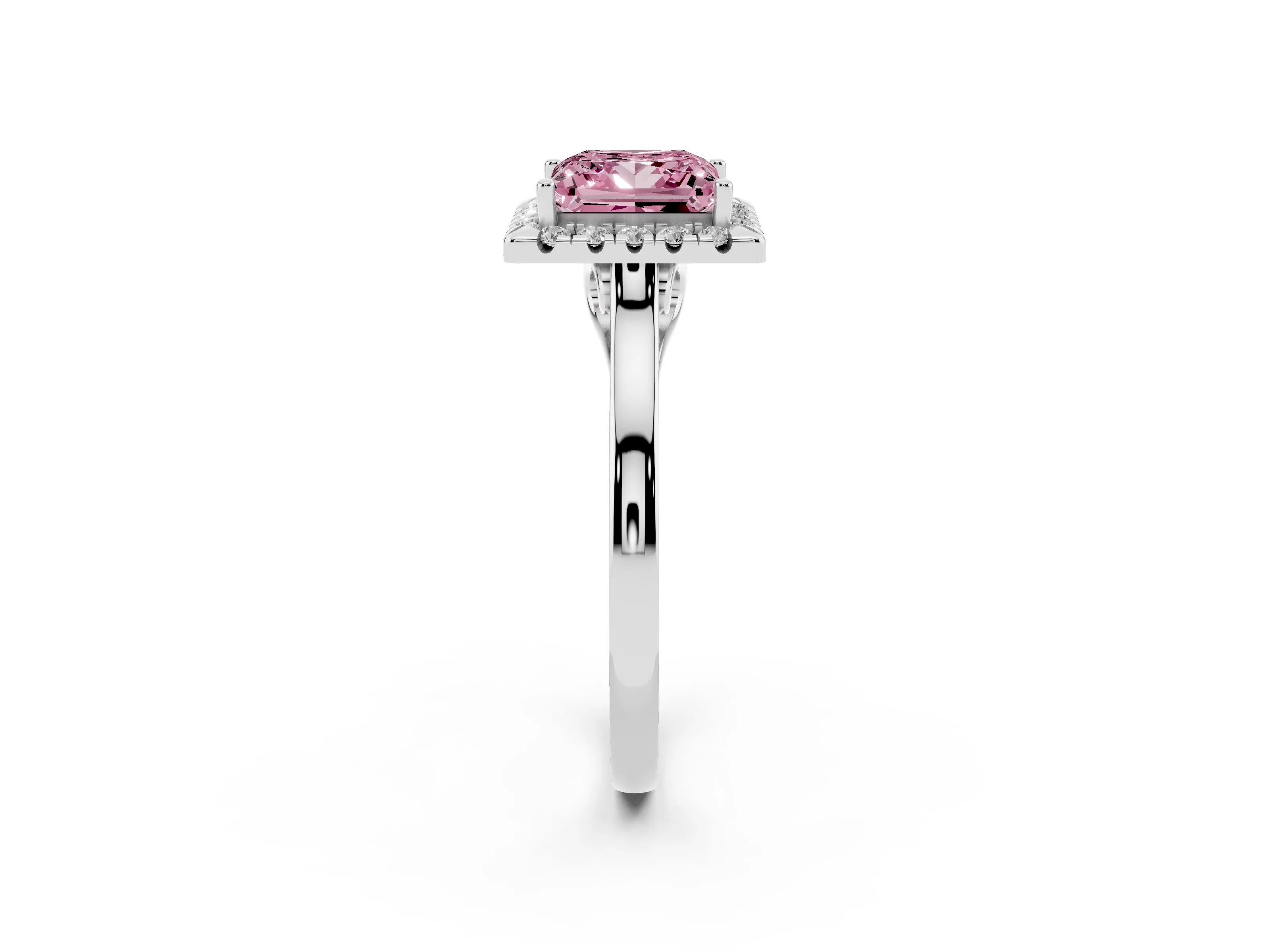 Fancy Pink Princess Cut Halo Round Diamond Solitaire Ring Set in Platinum with Pavé Band and Prong Setting