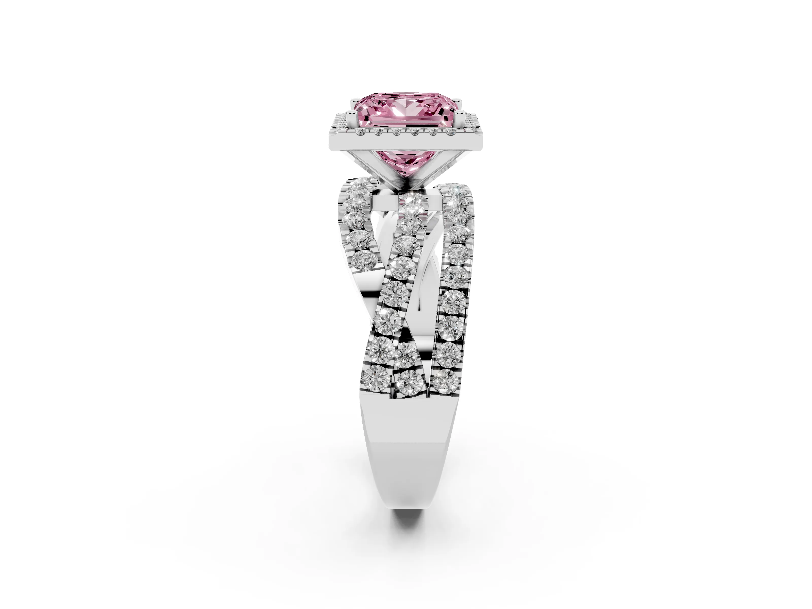 Fancy Pink Princess Cut Diamond Halo Ring Set in Silver with Round Crossover Split Shank and Prong Setting