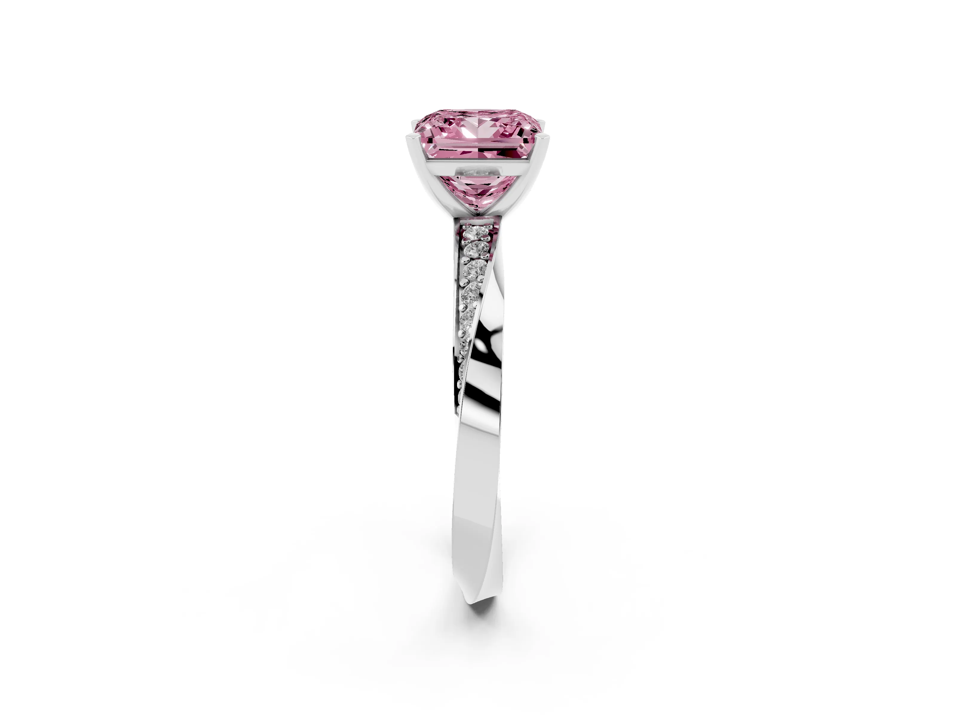 Fancy Pink Princess Cut Diamond Engagement Ring Set in Platinum with Side Stone Accents and Prong Setting