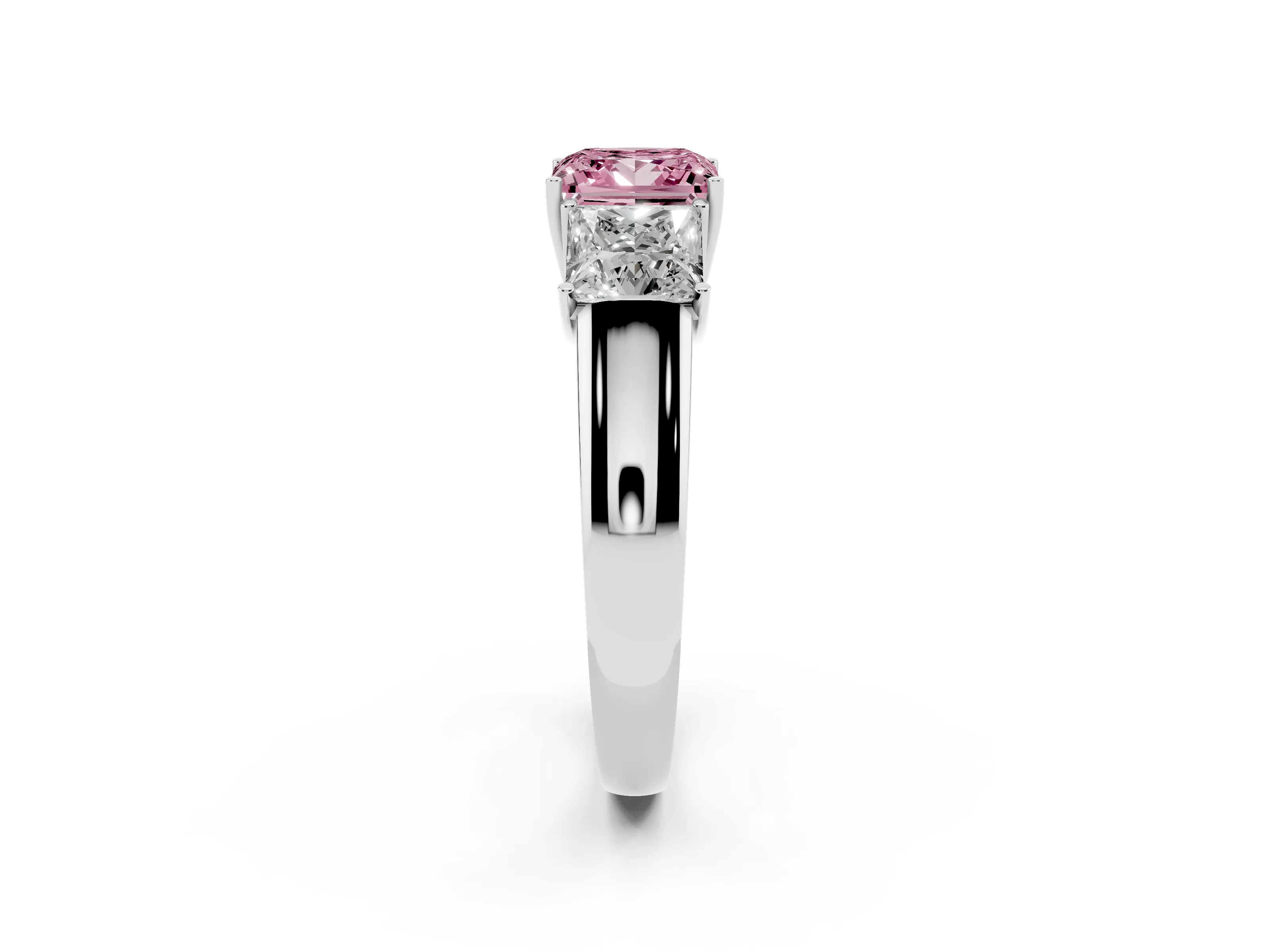 Fancy Pink Three-Stone Princess Cut Diamond Ring Set in Platinum with Matching Prong Settings and Plain Band