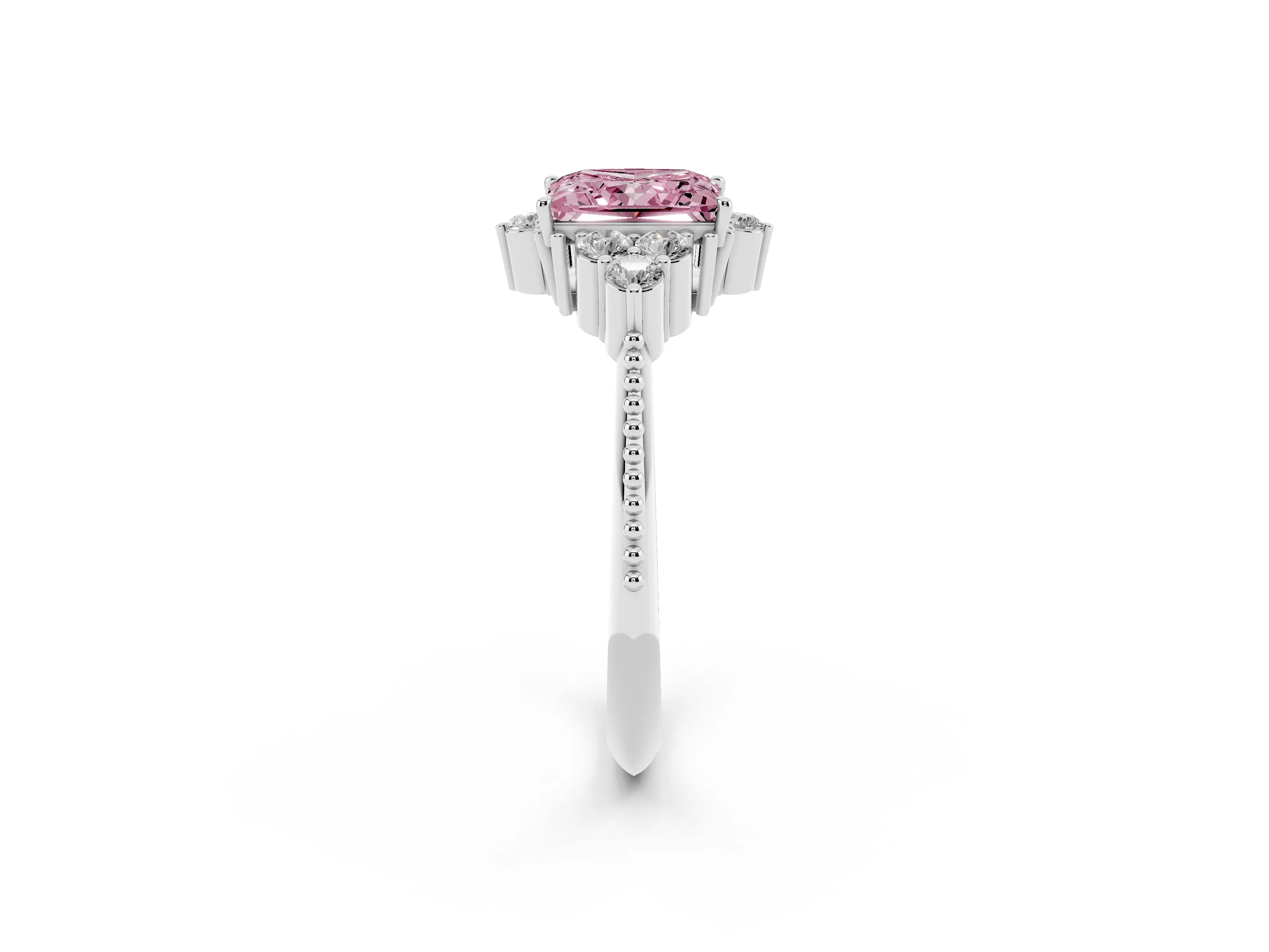Fancy Pink Princess Cut Diamond Cluster Ring Set in Silver with Beaded Band
