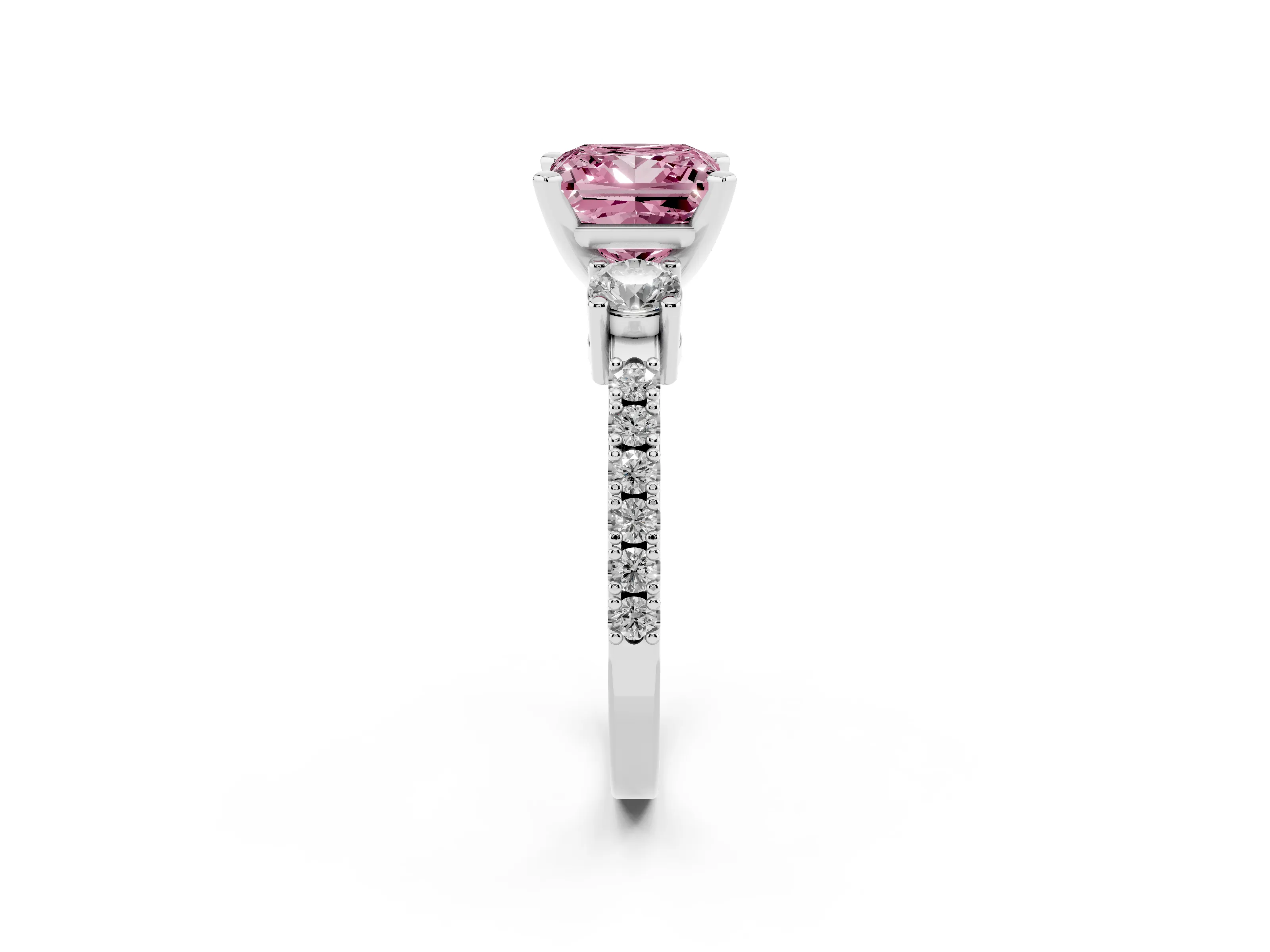 Fancy Pink Three-Stone Princess Cut Diamond Pavé Band Ring Set in Platinum with Prong Setting