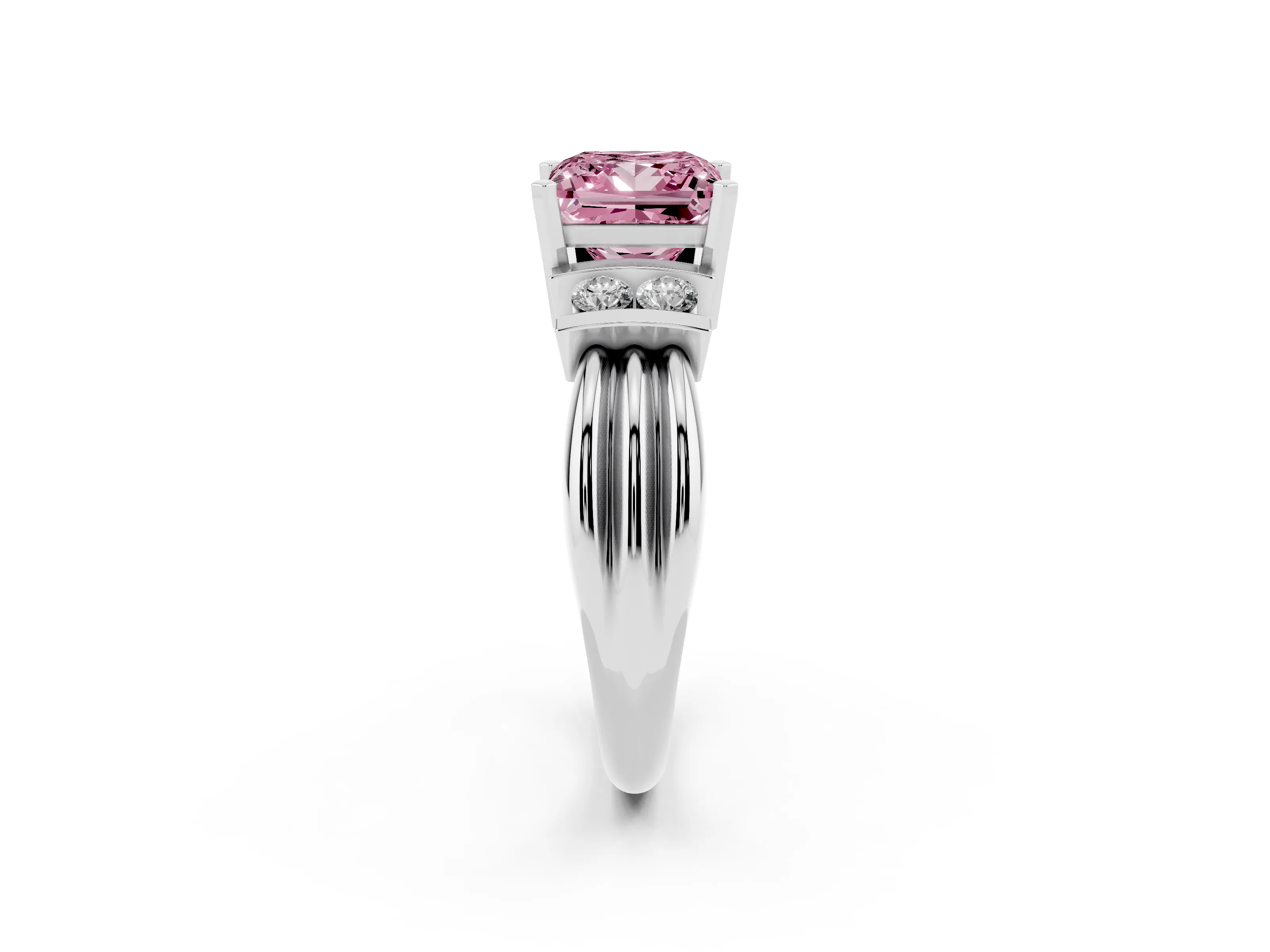 Fancy Pink Three-Stone Princess Cut Diamond Channel Set Ring Set in Platinum with Bar Prongs