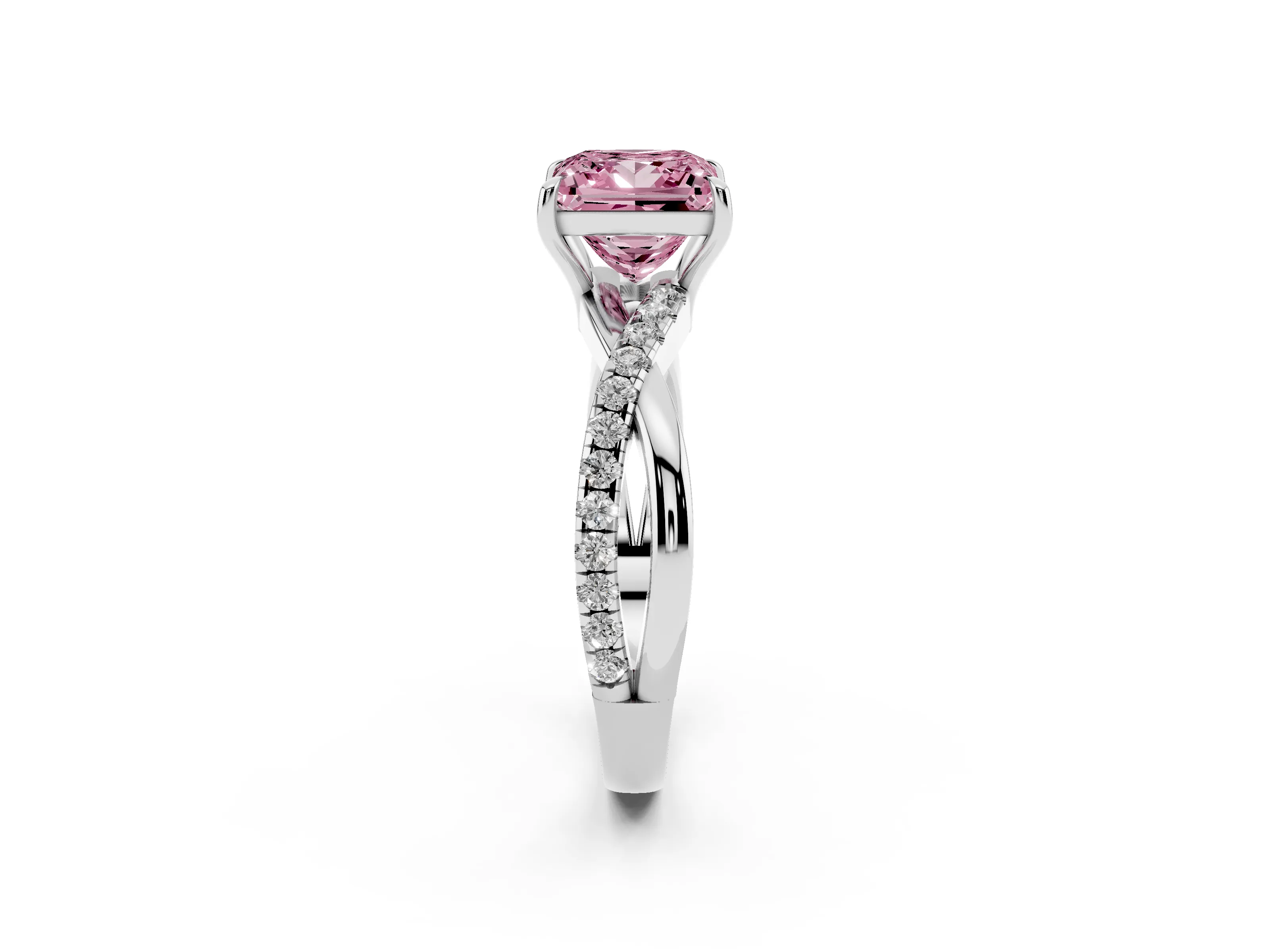 Fancy Pink Princess Cut Diamond Twisted Pavé Band Ring Set in Silver with Prong Setting