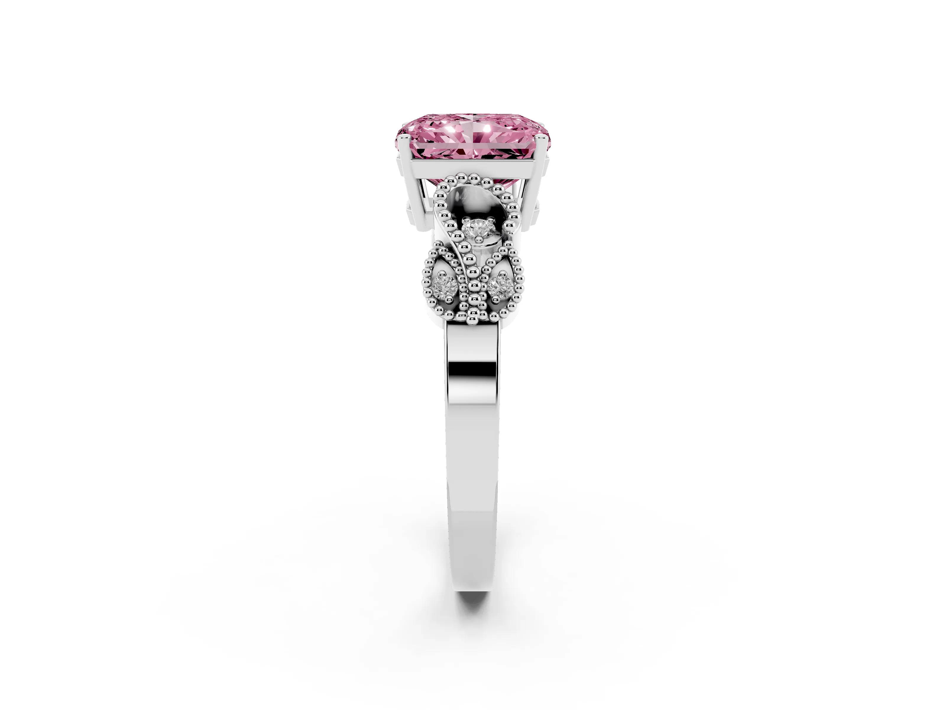 Fancy Pink Princess Cut Diamond Milgrain Leaf Band Solitaire Ring Set in Silver with Accent Stones and Prong Setting