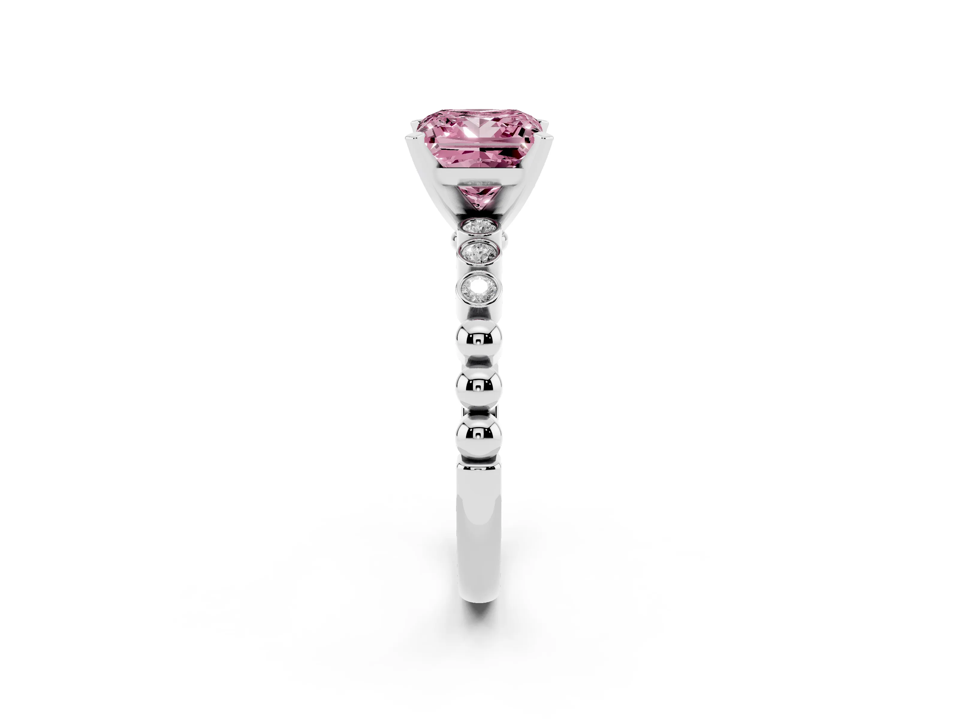 Fancy Pink Princess Cut Diamond Solitaire Engagement Ring Set in Silver with Bezel Accents on Beaded Band