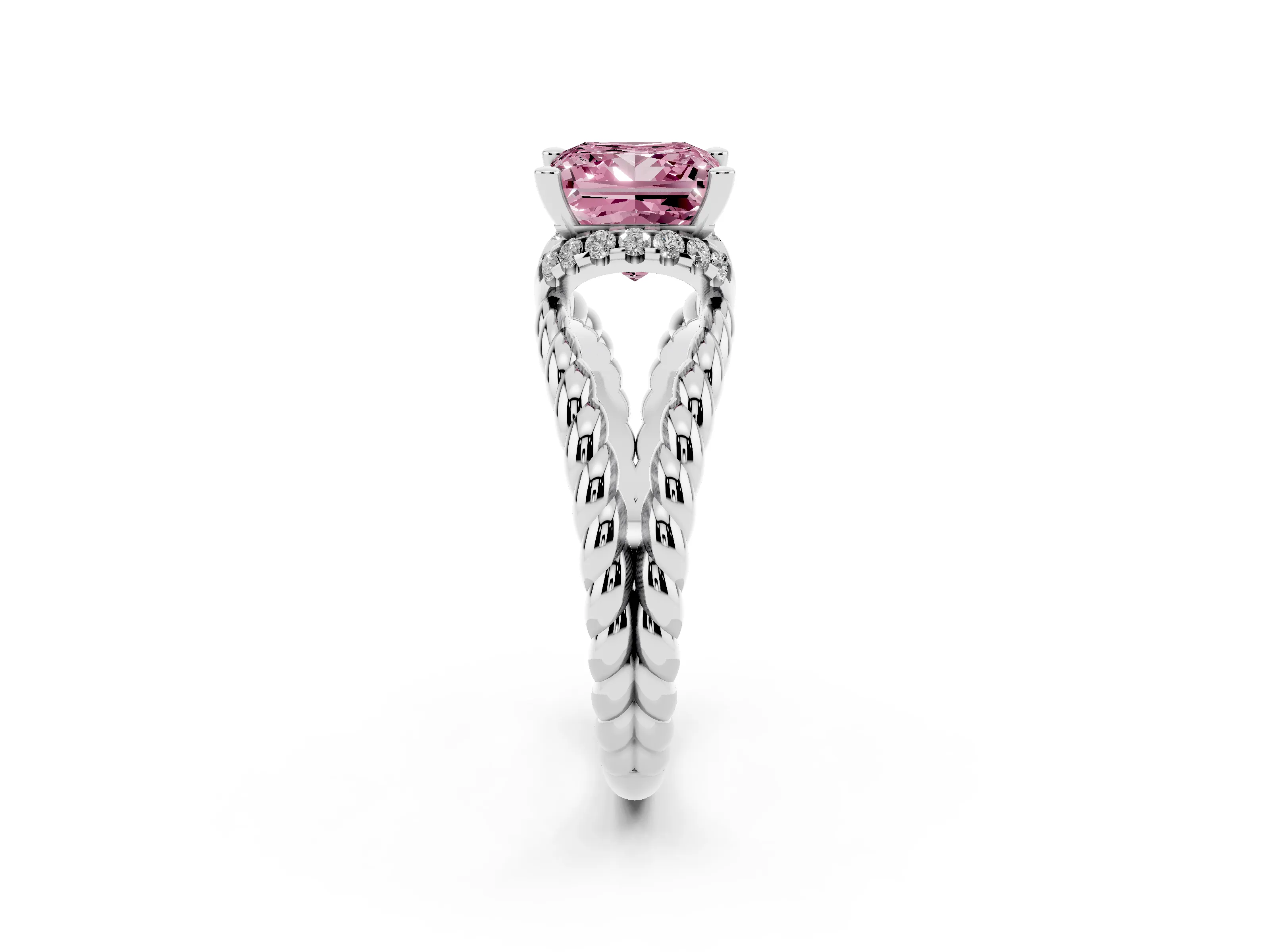 Fancy Pink Princess Cut Diamond Halo Ring Set in White gold with Twisted Band and Prong Setting