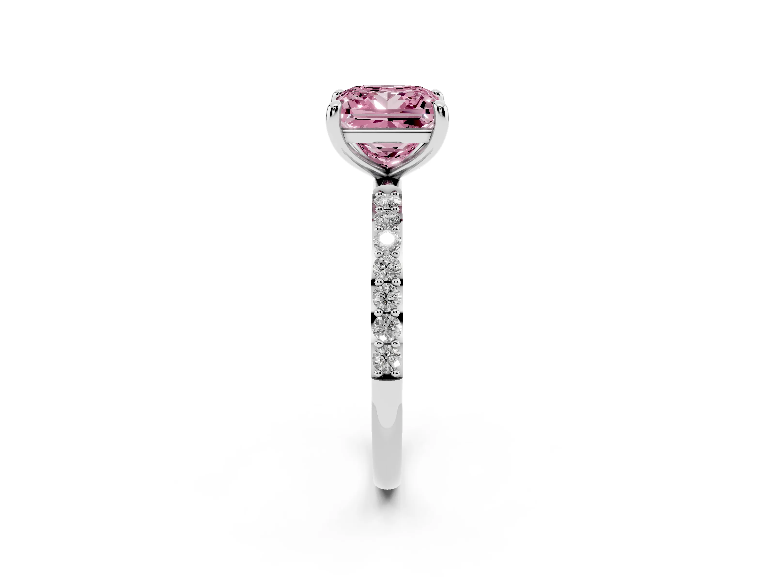 Fancy Pink Princess Cut Diamond Solitaire Ring Set in White gold with Round Pavé Band and Prong Setting