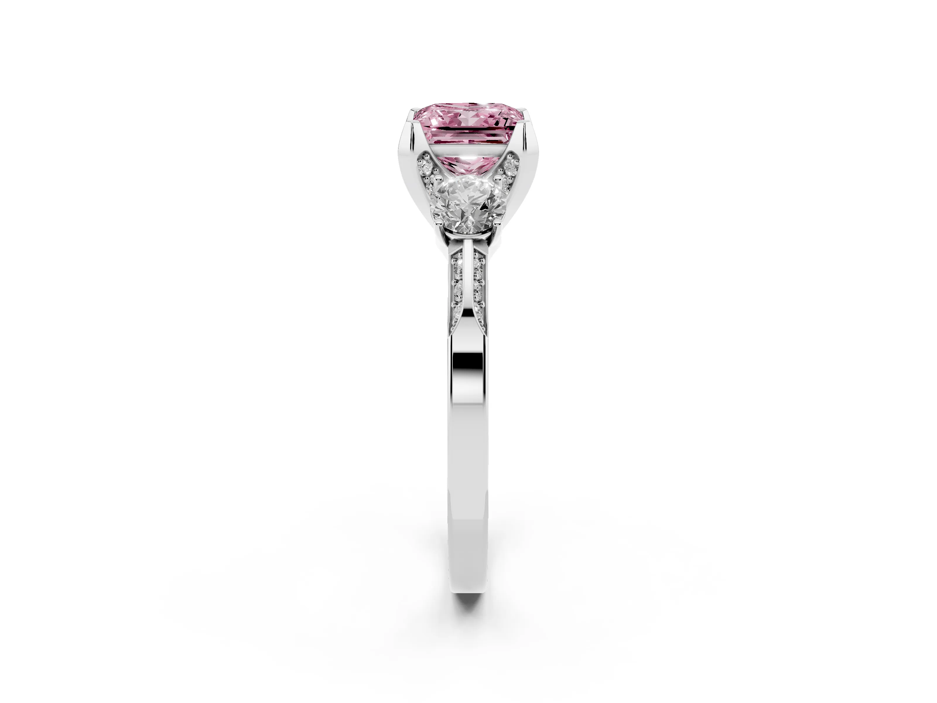 Fancy Pink Princess Cut Diamond Three-Stone Ring Set in White gold with Pavé Band and Smaller Side Stones