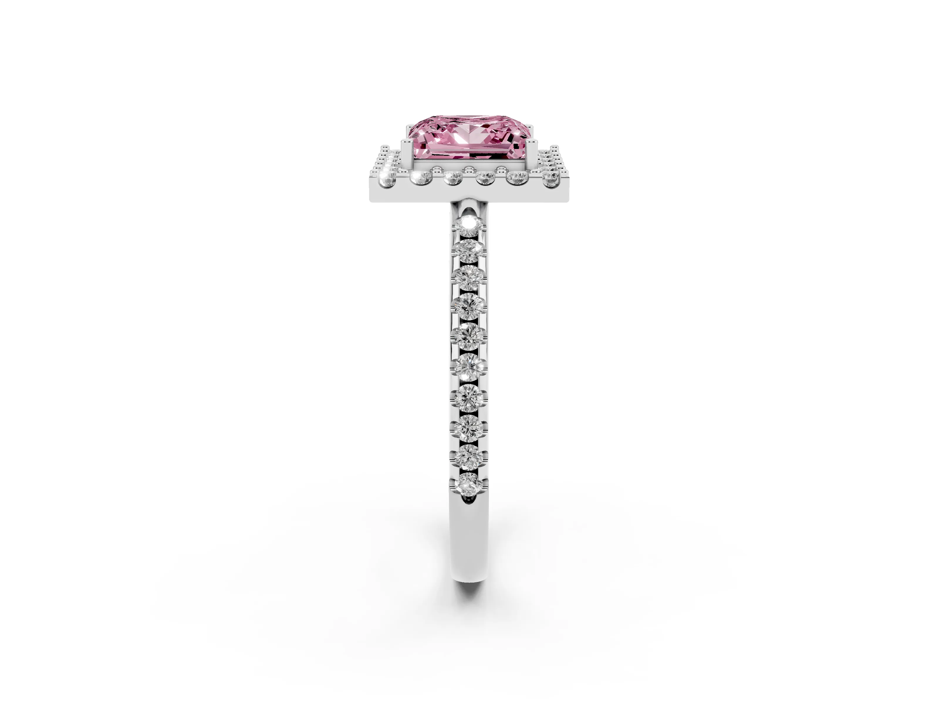 Fancy Pink Princess Cut Diamond Pavé Halo Ring Set in Platinum with Prong Setting