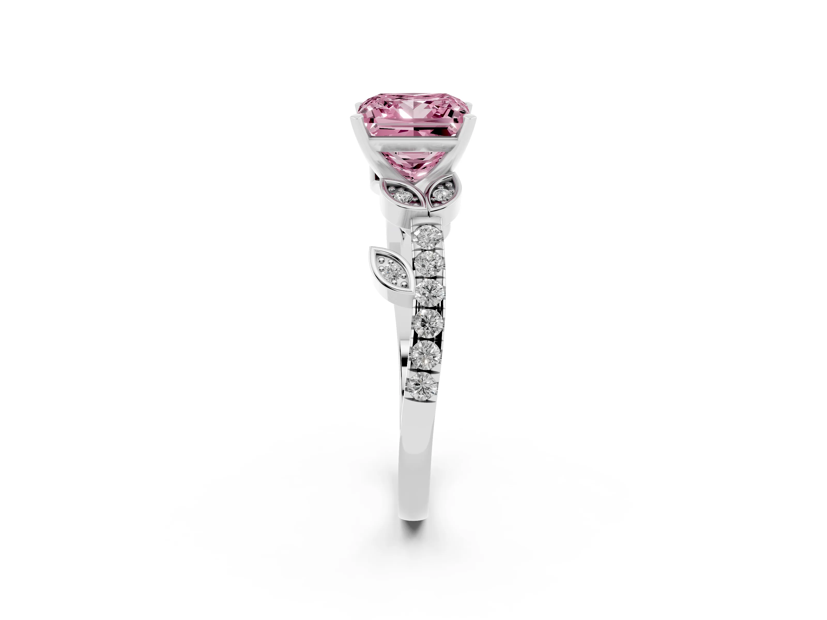 Fancy Pink Princess Cut Diamond Solitaire Leaf-Inspired Ring Set in White gold with Pavé Band and Prong Setting