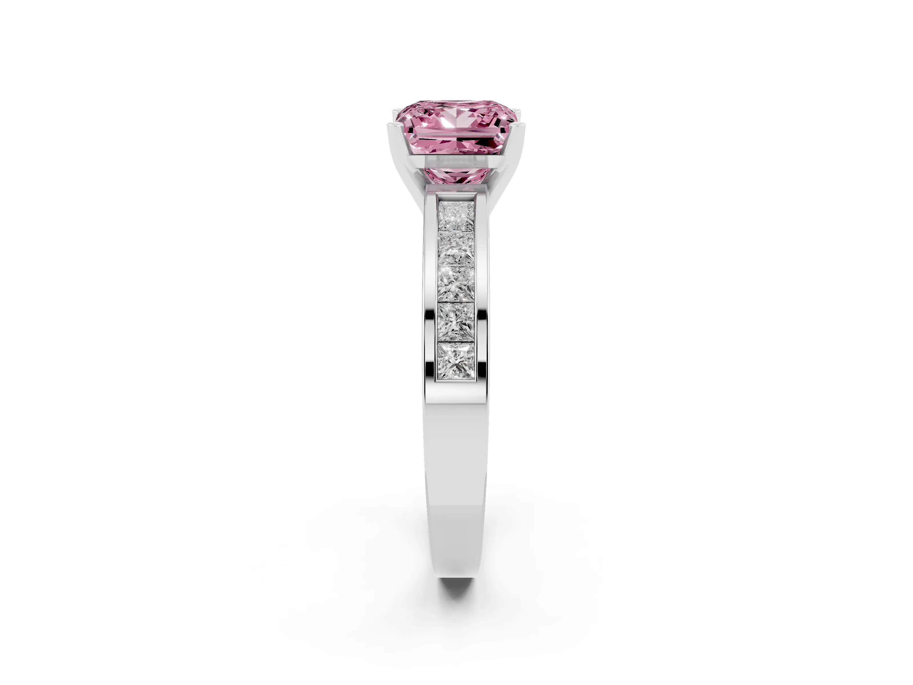 Fancy Pink Princess Cut Diamond Solitaire Ring Set in Silver with Channel-Set Band and Prong Setting