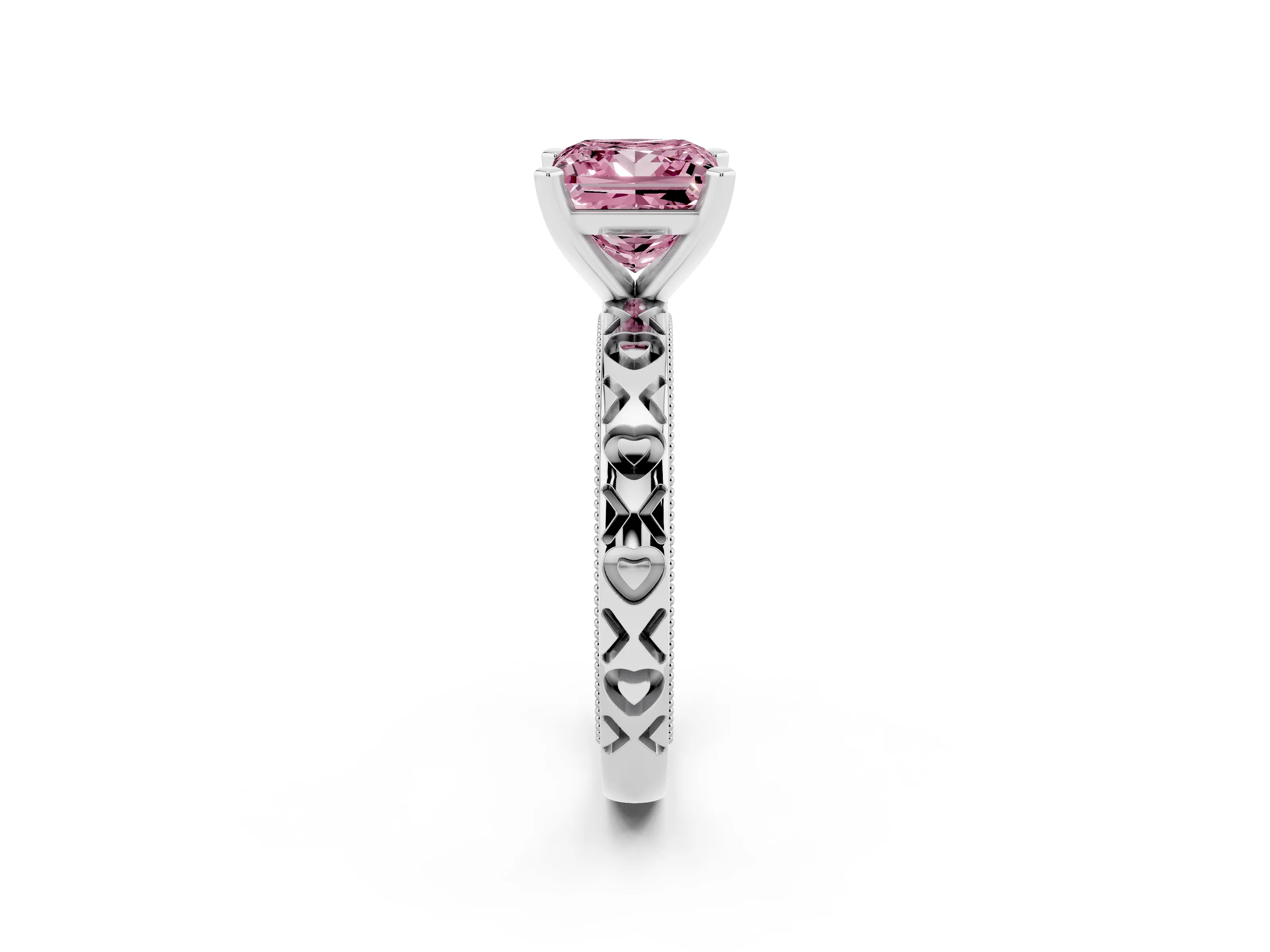 Fancy Pink Princess Cut Diamond Solitaire Engagement Ring Set in White gold with XO Engraved Band and Prong Setting