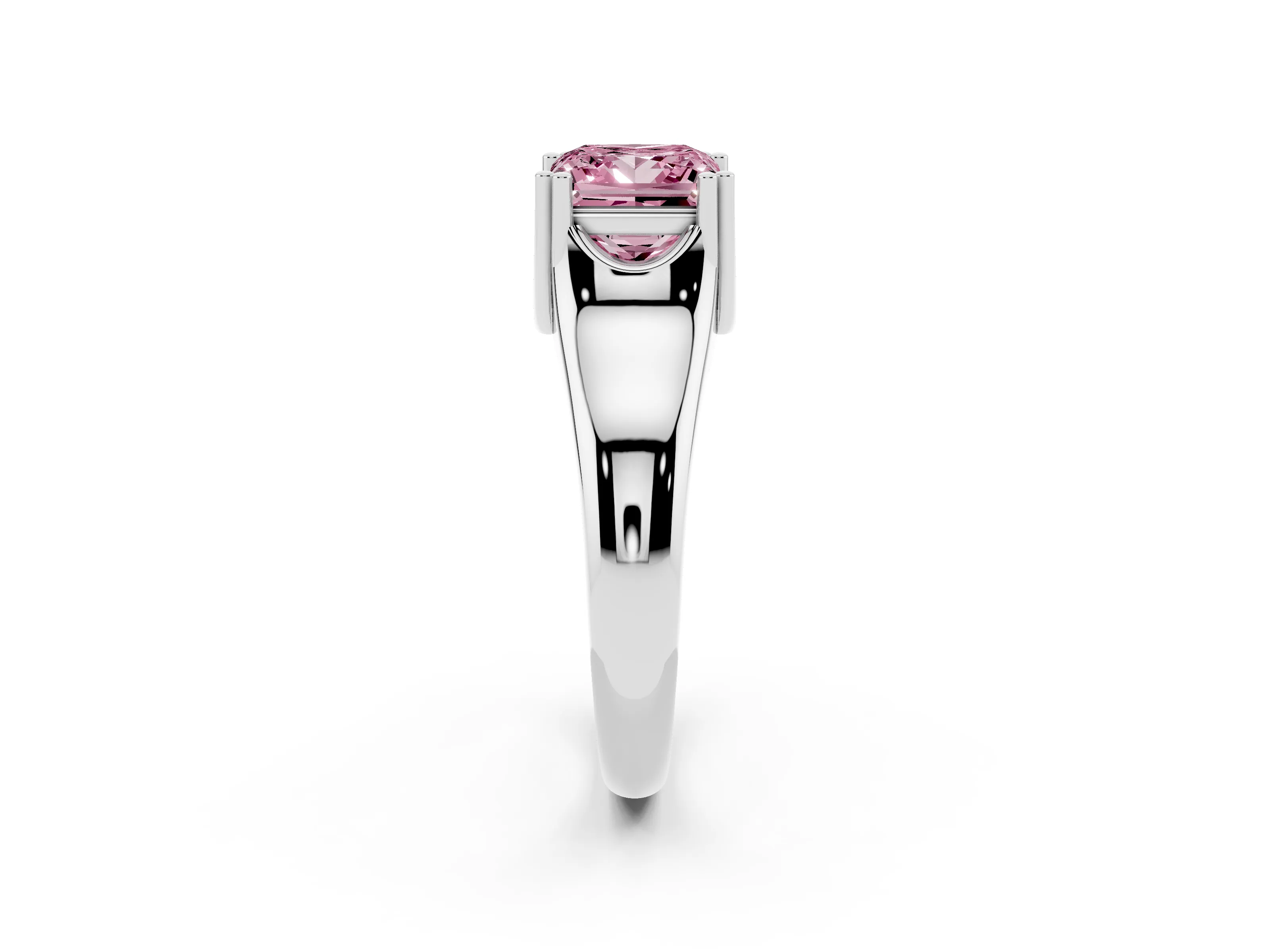 Fancy Pink Princess Cut Diamond Solitaire Ring Set in Platinum with Wide Band and Prong Setting