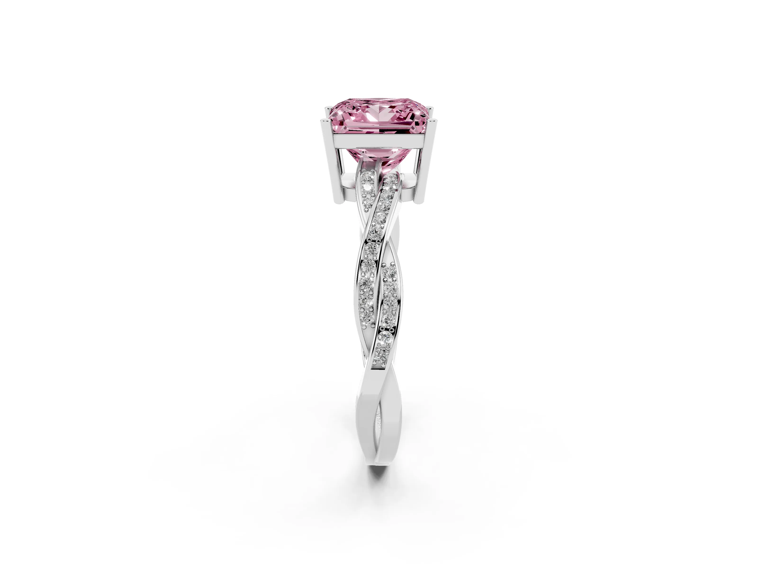 Fancy Pink Princess Cut Diamond Solitaire Twisted Pavé Ring Set in White gold with Prong Setting