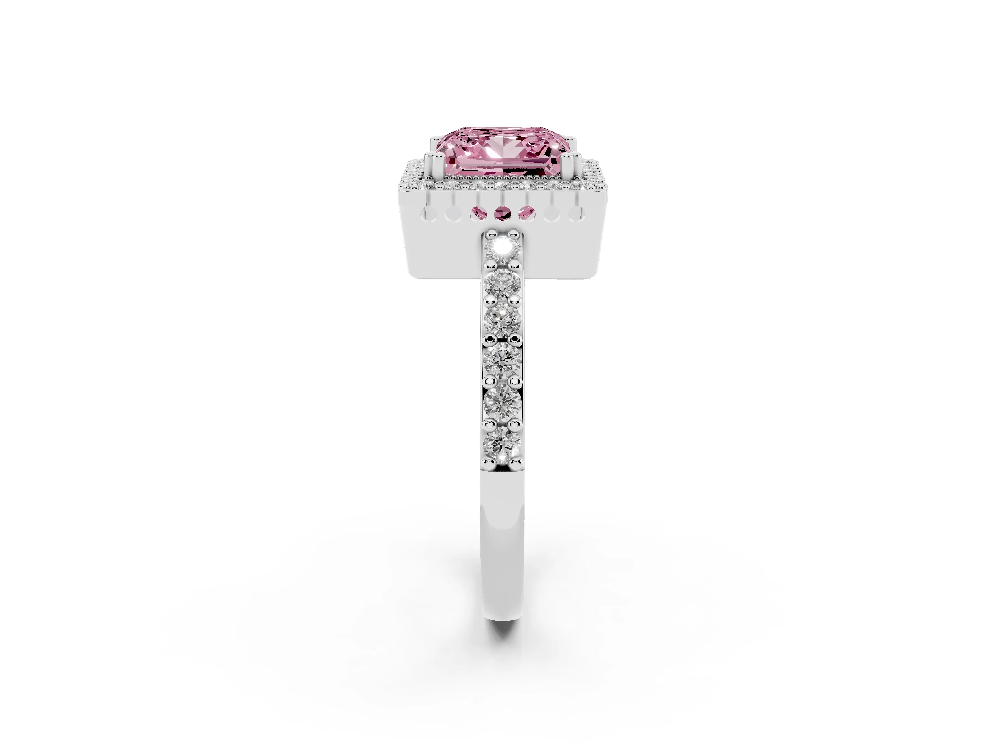 Fancy Pink Princess Cut Diamond Halo Engagement Ring Set in White gold with Milgrain Detail and Pavé Band
