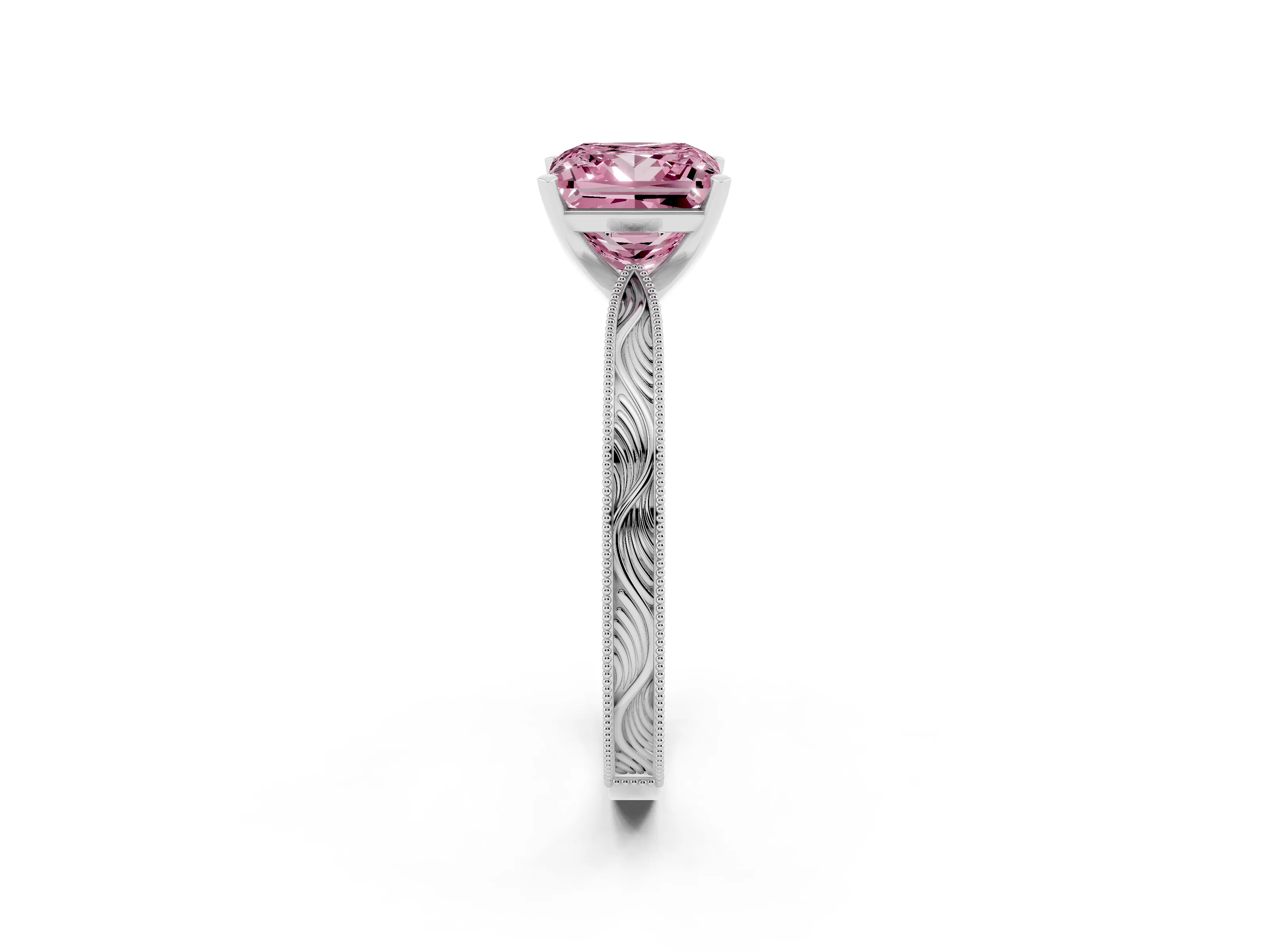 Fancy Pink Princess Cut Diamond Solitaire Milgrain Engraved Band Set in Platinum with Prong Setting