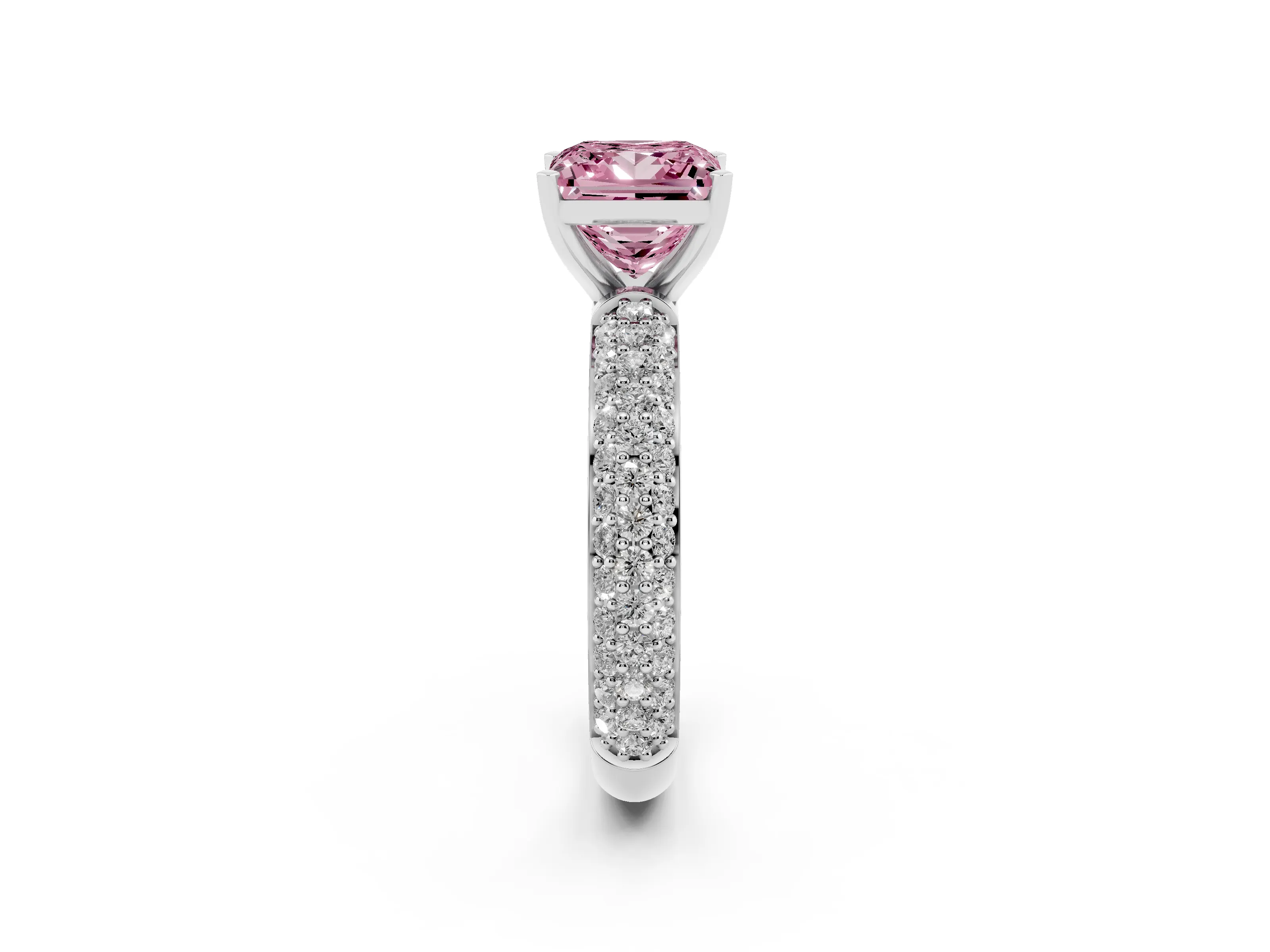 Fancy Pink Princess Cut Diamond Solitaire Ring Set in Silver with Prong Setting and Pavé-Set Band