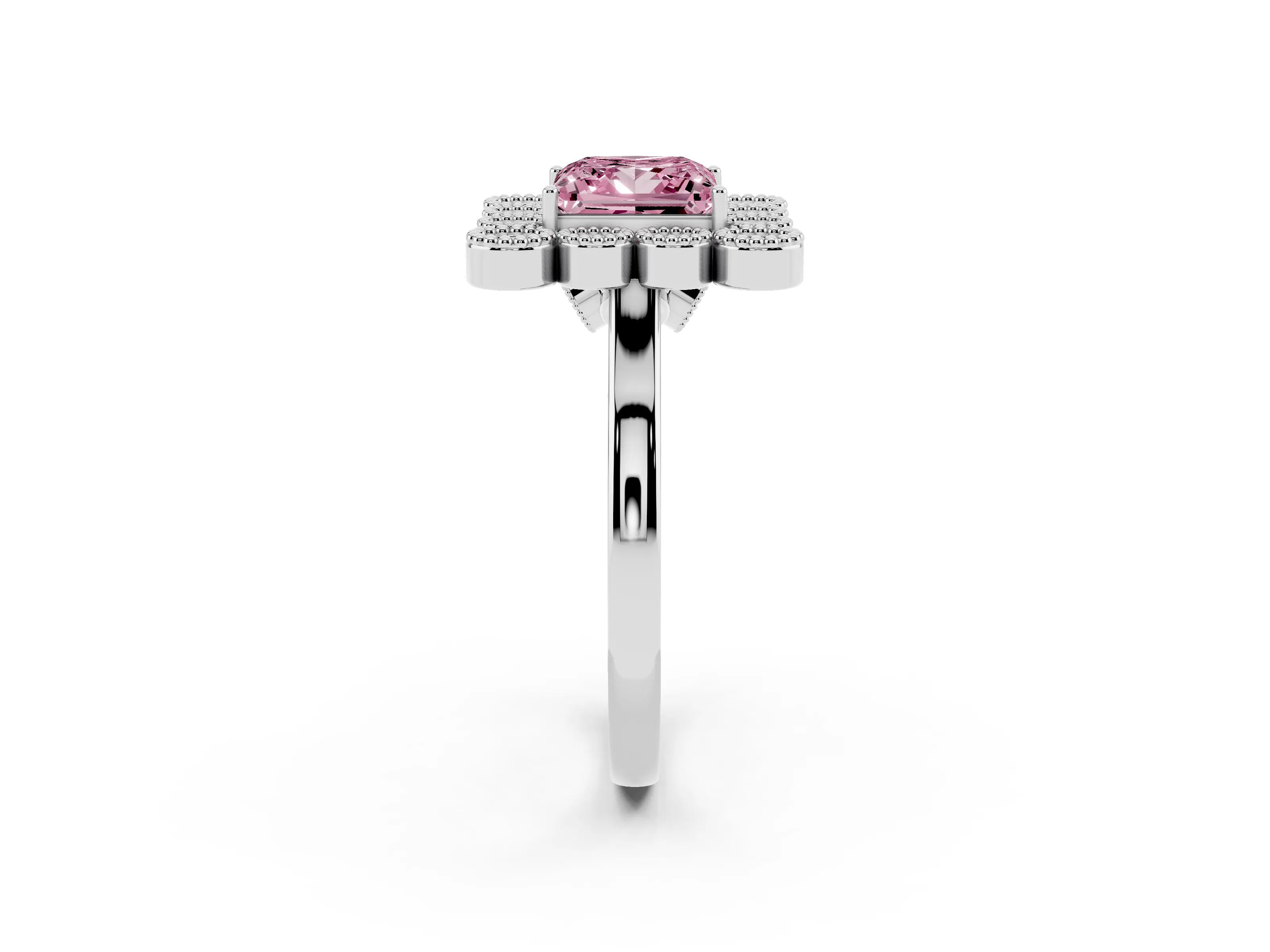 Fancy Pink Princess Cut Diamond Cluster Halo Ring Set in White gold with Milgrain Bezel Accents and Plain Band