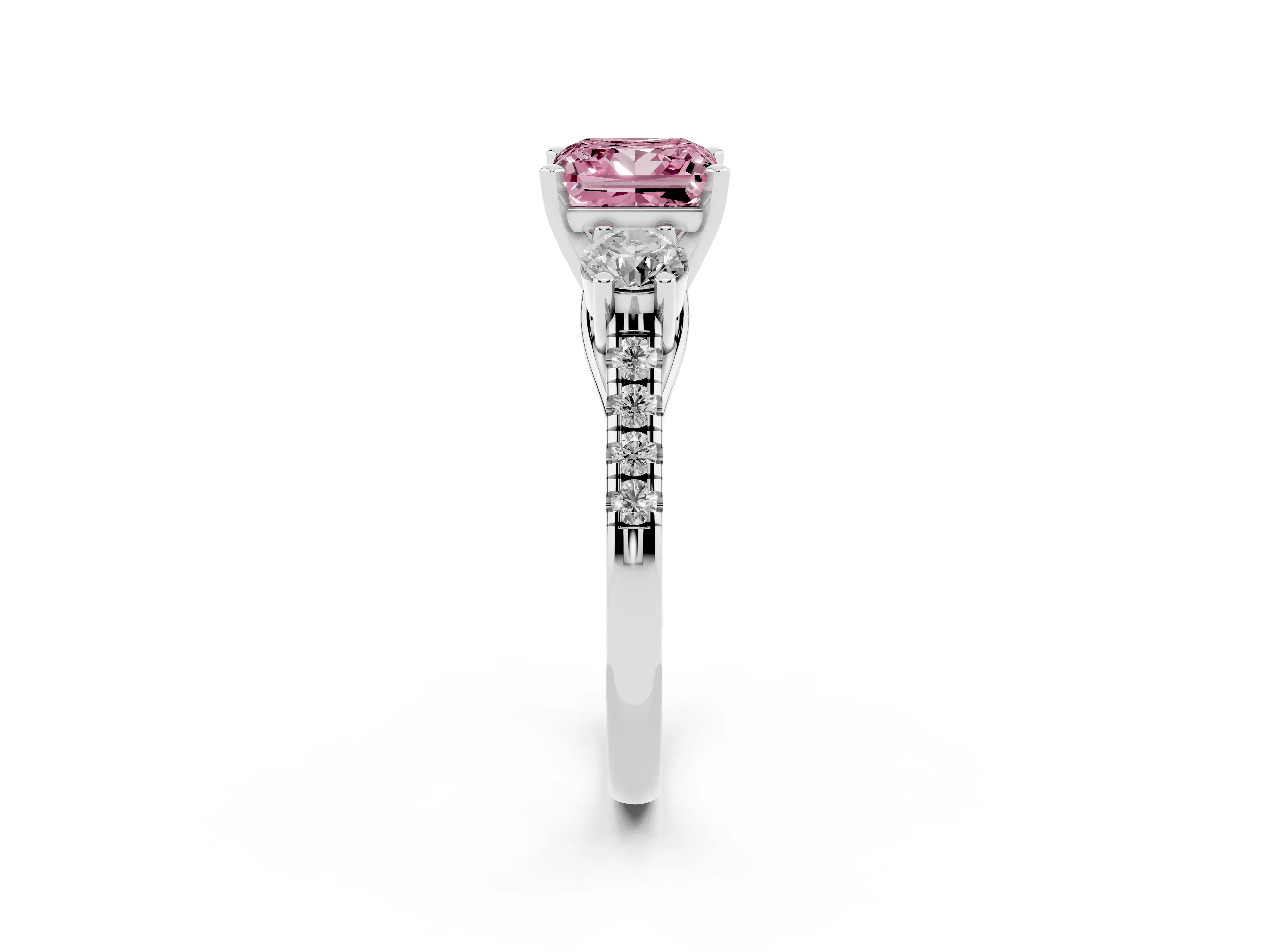 Fancy Pink Three-Stone Princess Cut Diamond Pavé Band Ring Set in Platinum with Prong-Set Trio