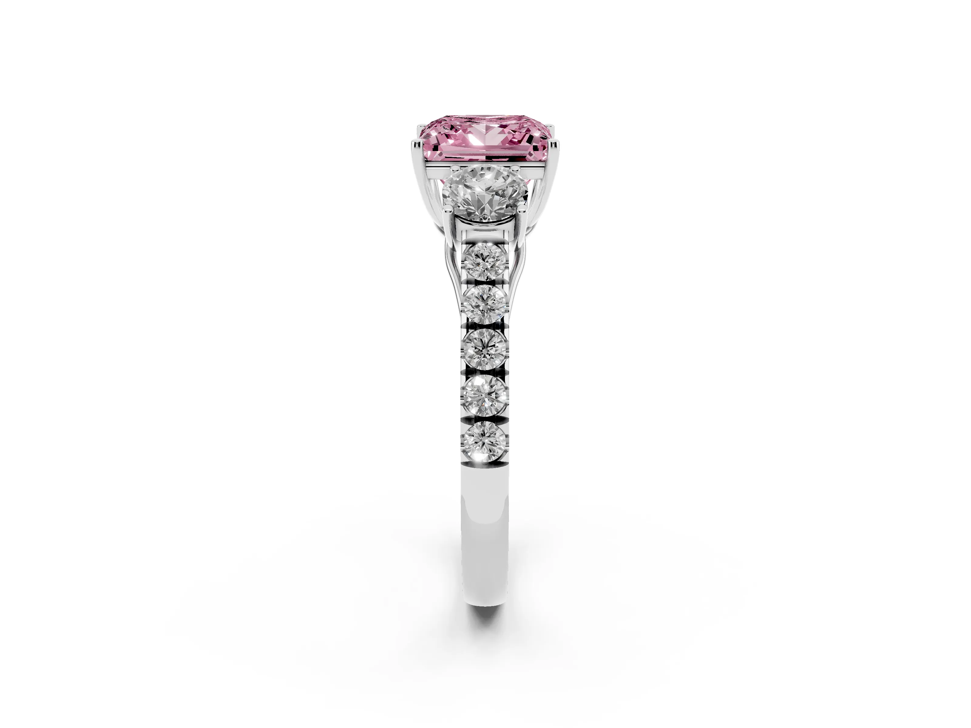 Fancy Pink Princess Cut Diamond Three-Stone Ring Set in Silver with Round Side Stones and Delicate Pavé Band