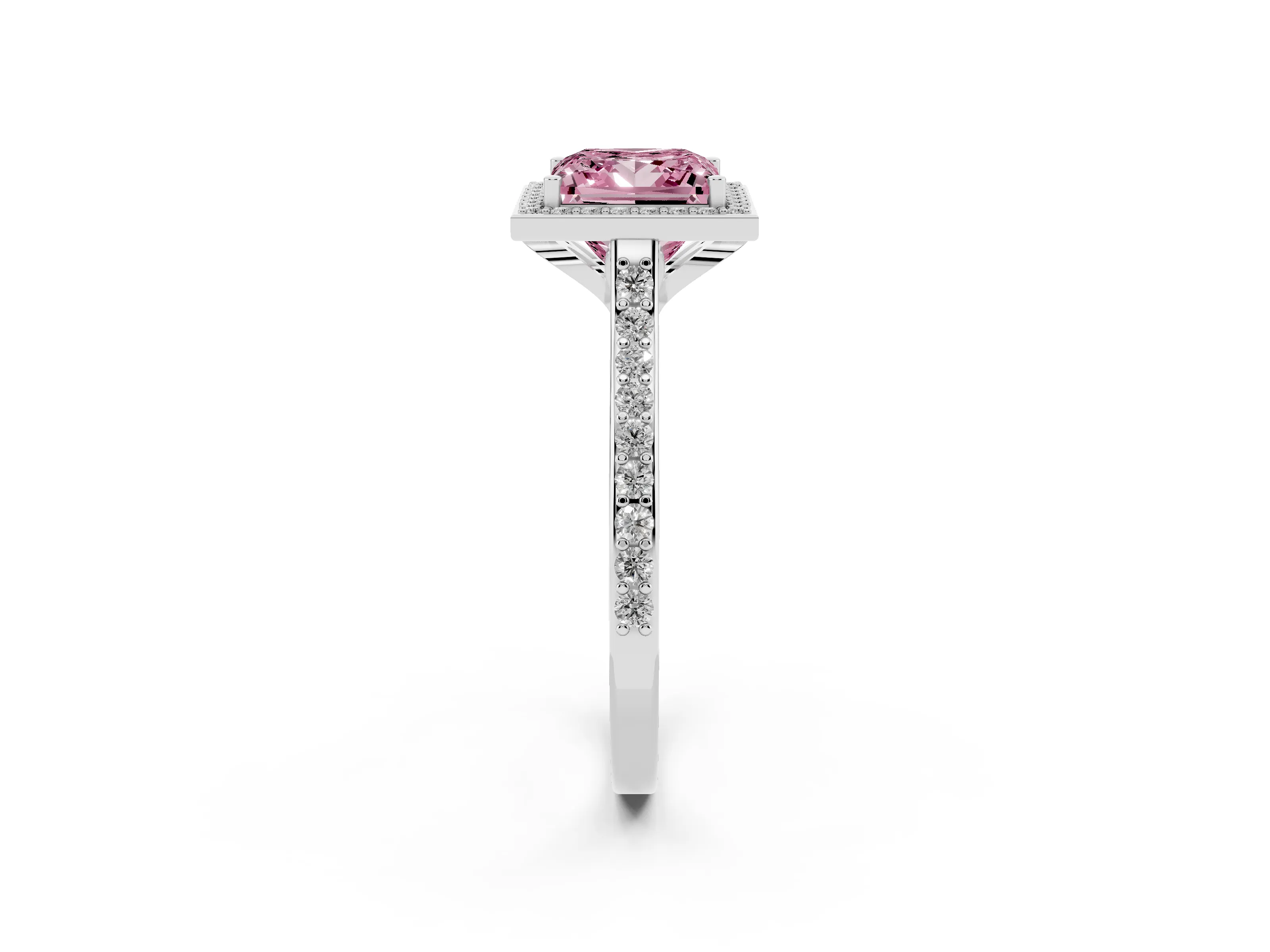 Fancy Pink Princess Cut Diamond Halo Engagement Ring Set in White gold with Round Pavé Shoulders and Heart Gallery