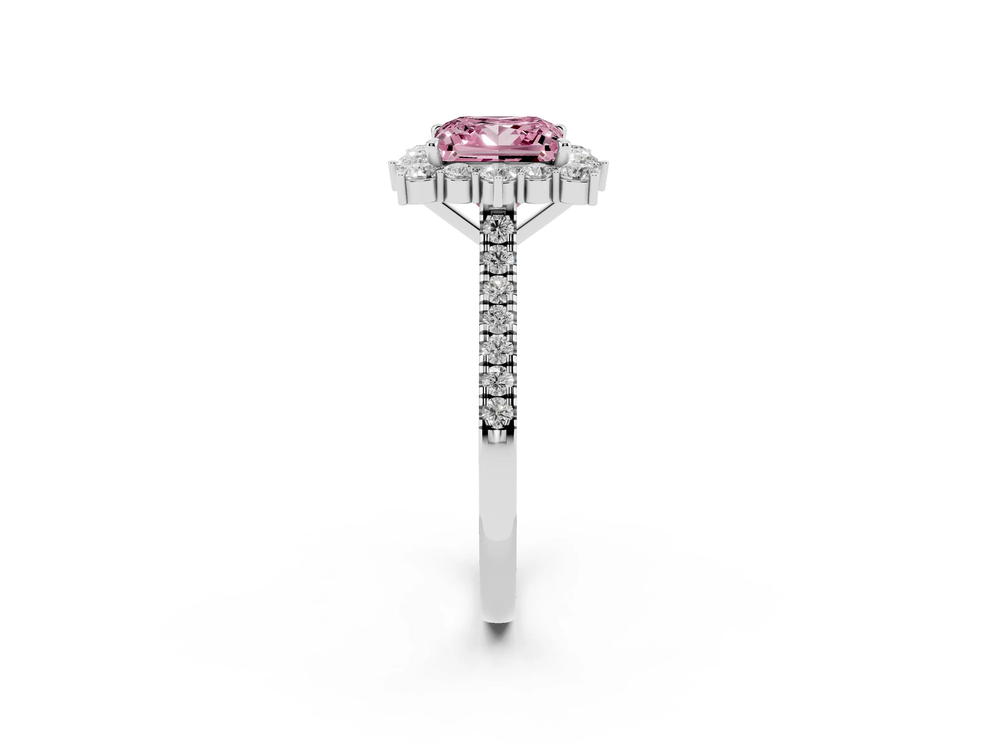 Fancy Pink Princess Cut Diamond Halo Ring Set in Silver with Pavé Band and Prong Setting