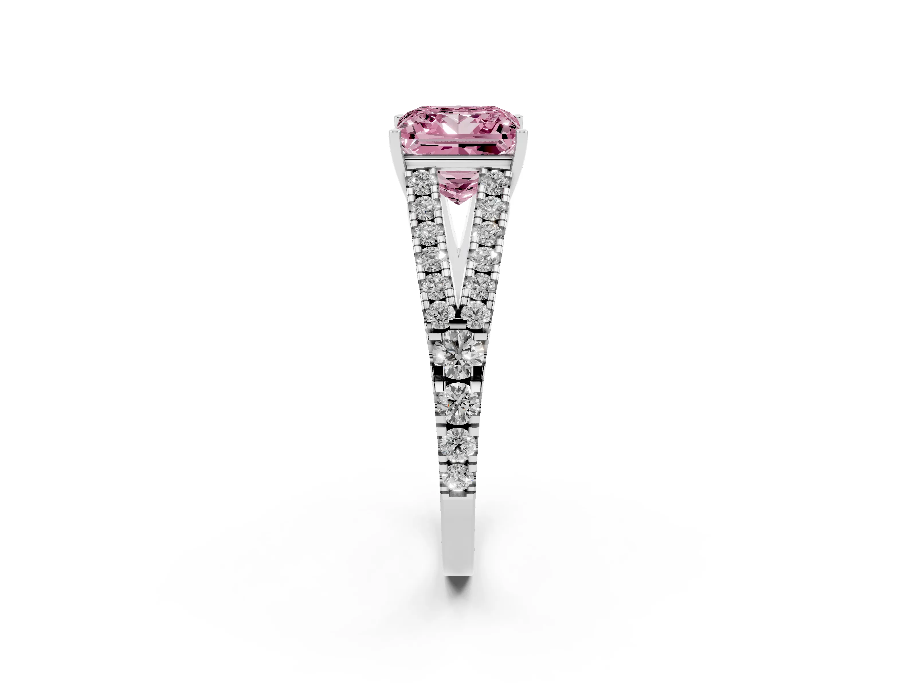 Fancy Pink Princess Cut Diamond Split Shank Pavé Engagement Ring Set in Platinum with Prong-Held Center Stone