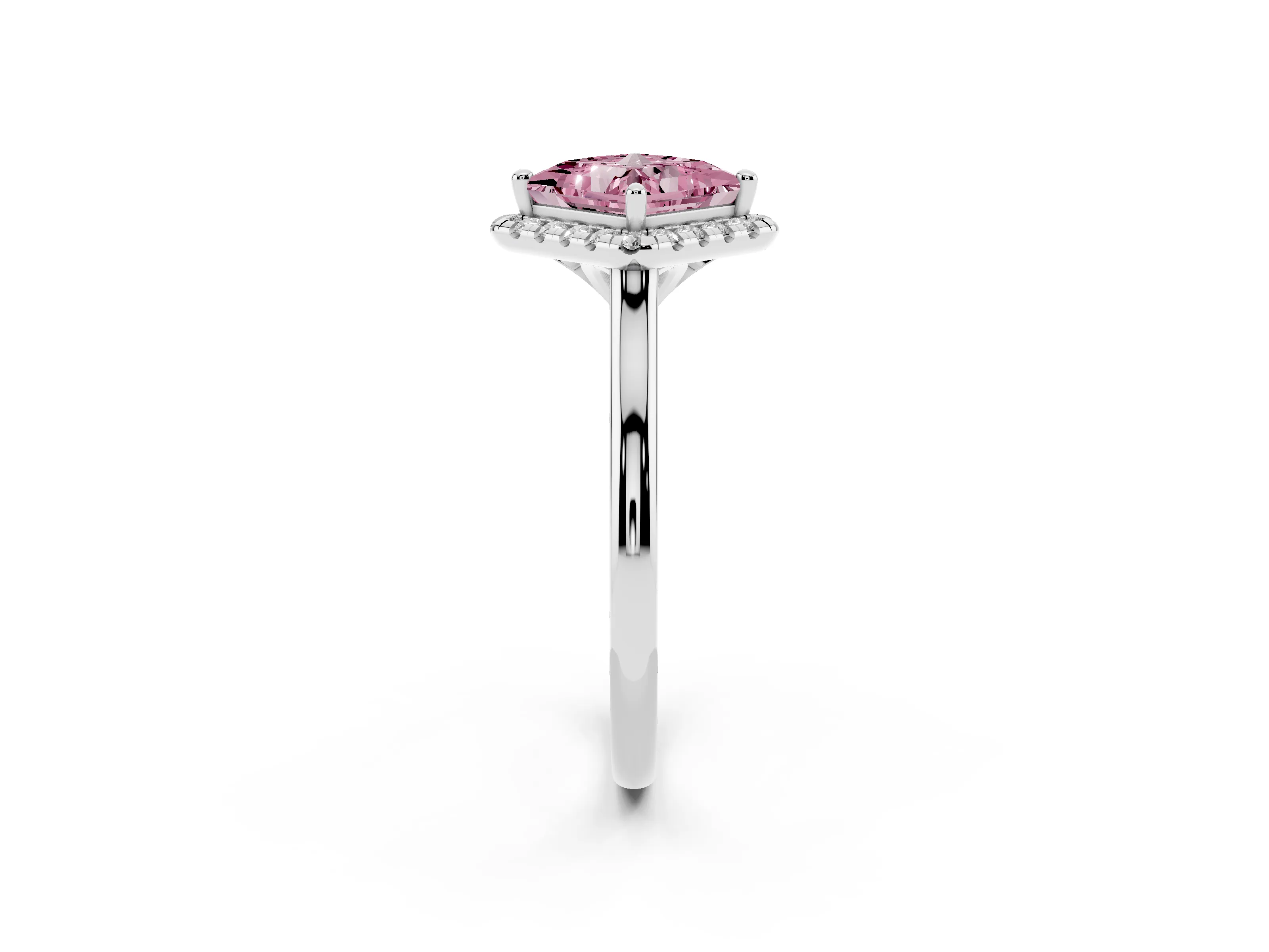 Fancy Pink Princess Cut Diamond Halo Engagement Ring Set in Platinum with Pavé Band and Rising Shoulders