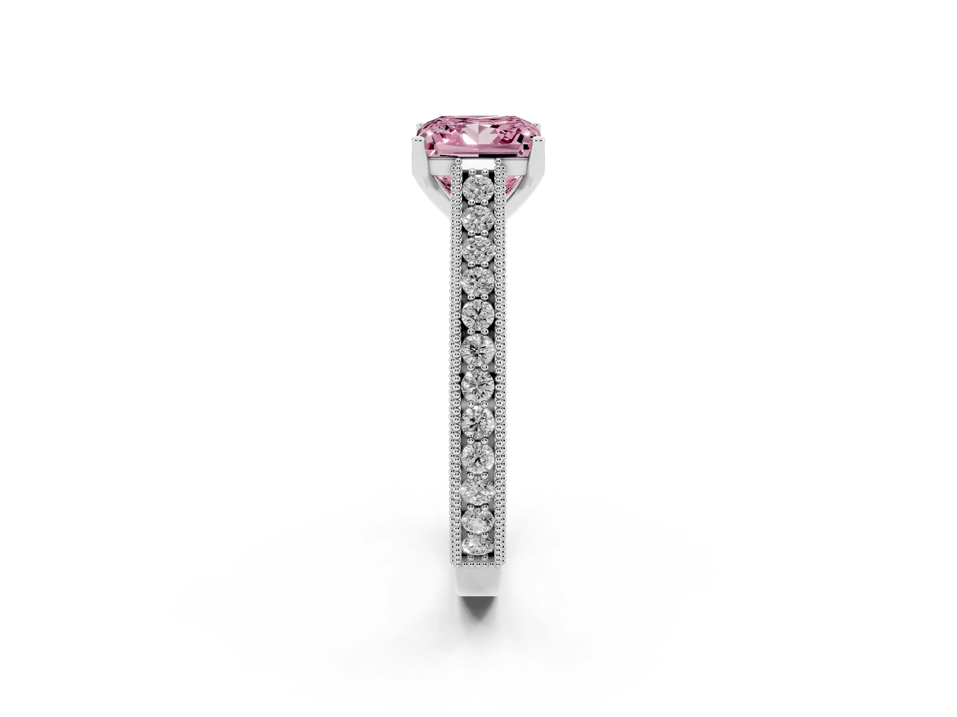 Fancy Pink Princess Cut Diamond Milgrain Pavé Band Solitaire Ring Set in Platinum with Prong Setting