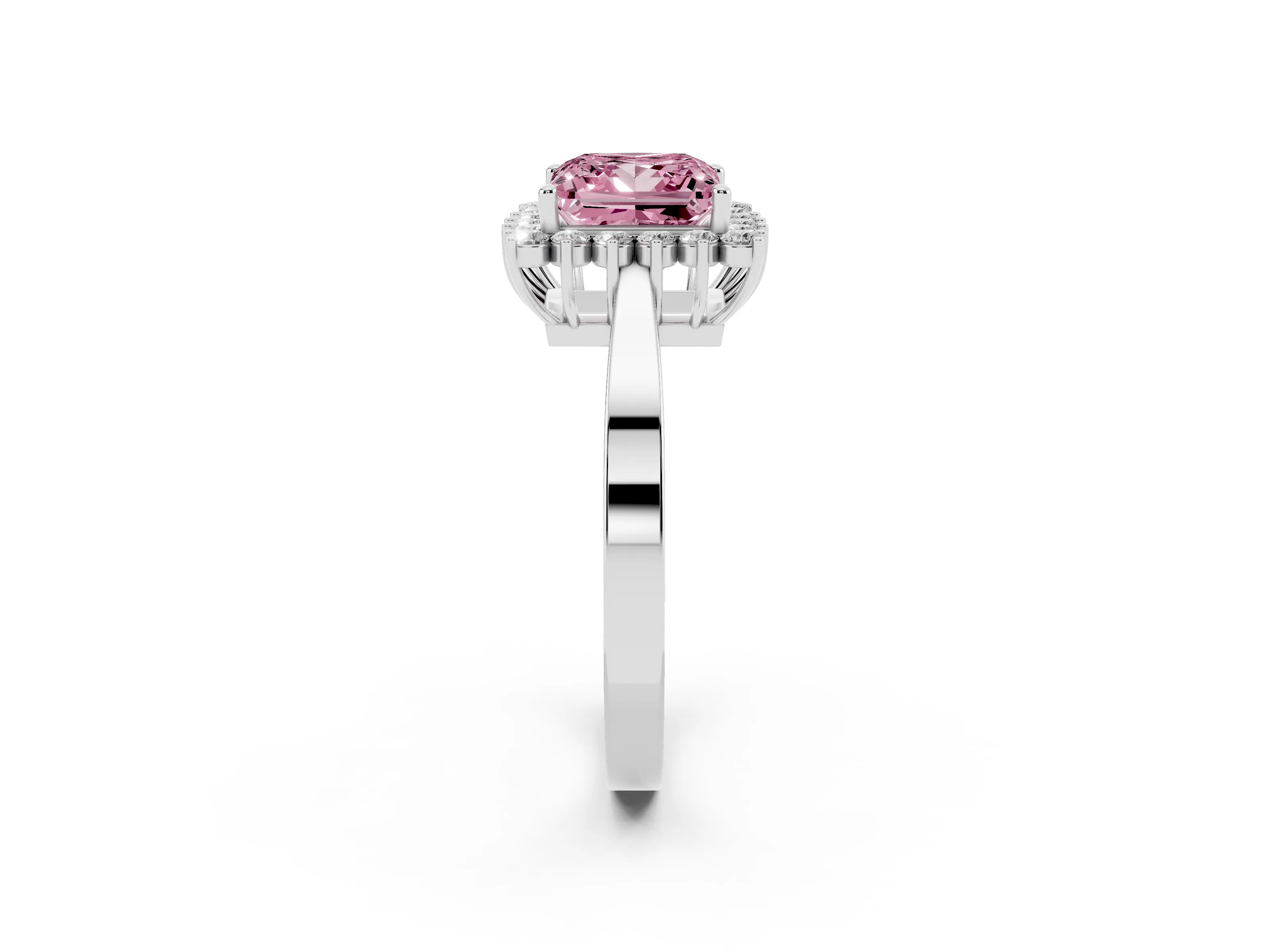 Fancy Pink Princess Cut Diamond Halo Ring Set in White gold with Round Halo and Smooth Solitaire Band