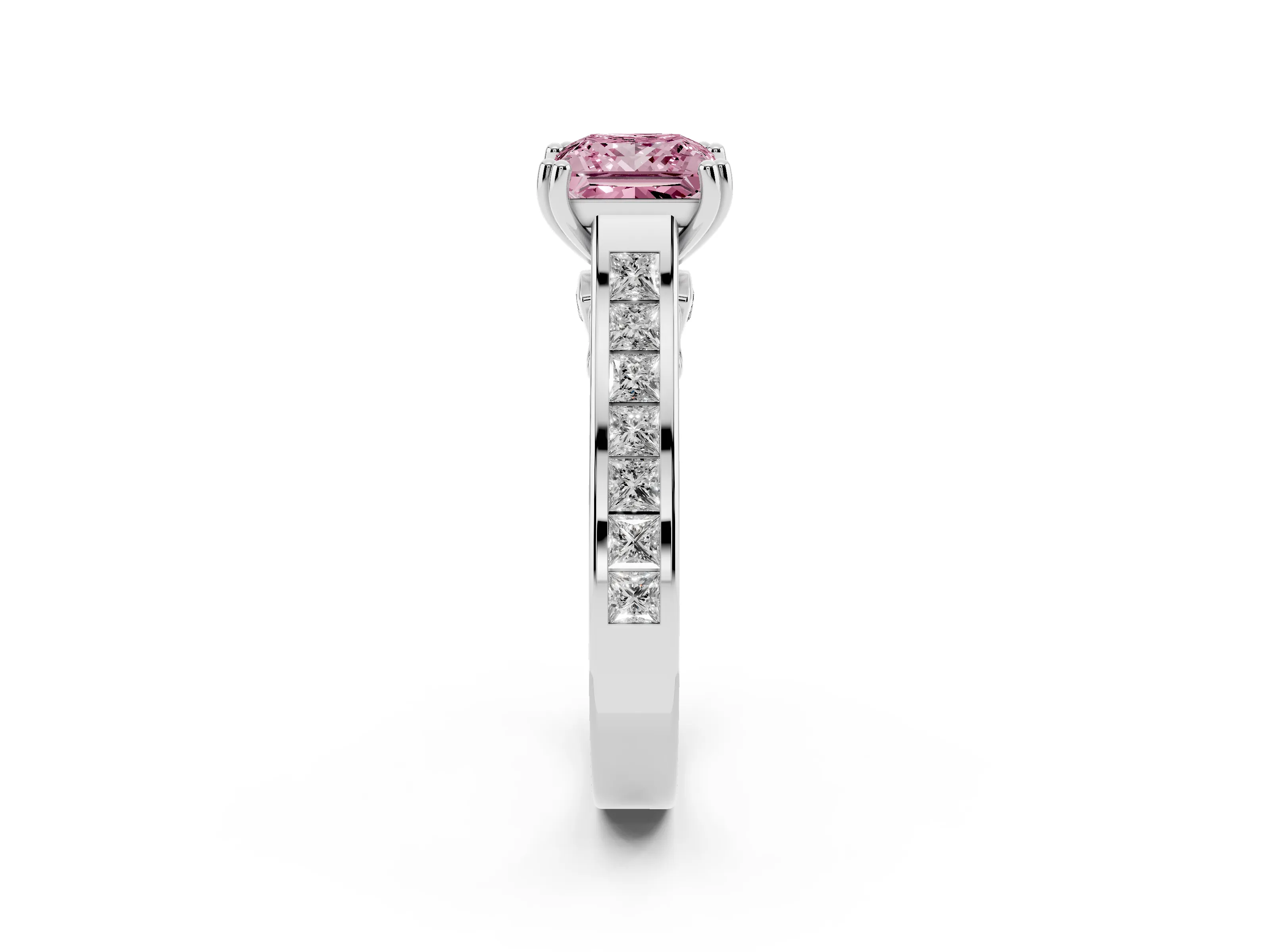 Fancy Pink Princess Cut Diamond Channel Set Solitaire Engagement Ring Set in Silver with Prong Setting