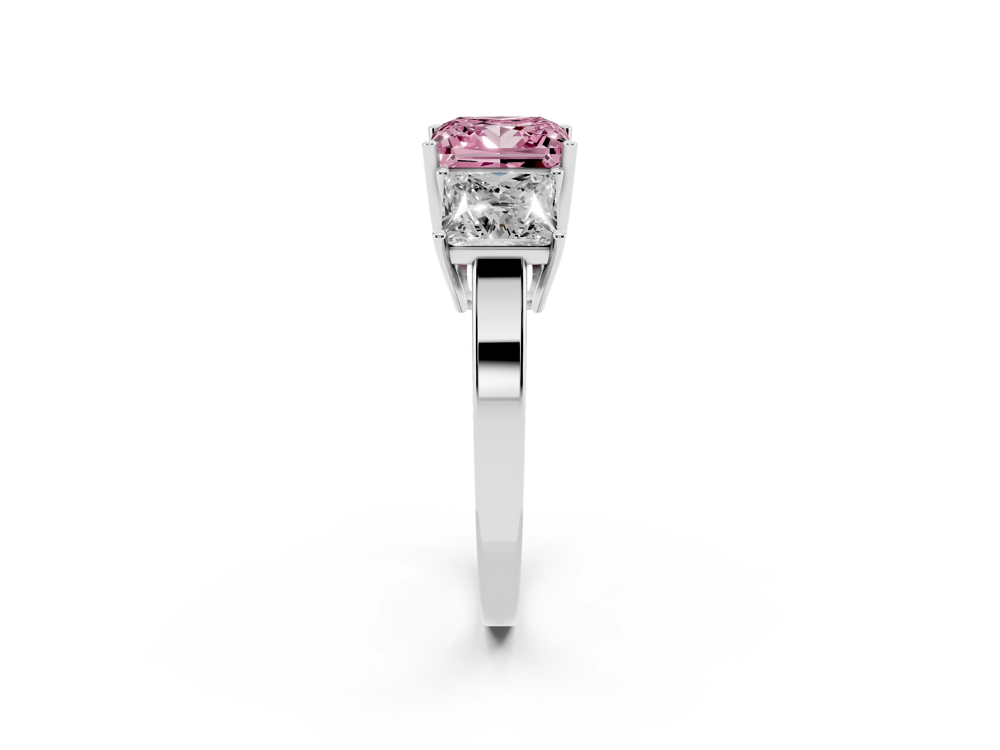 Fancy Pink Princess Cut Diamond Three-Stone Engagement Ring Set in Platinum with Flat Band