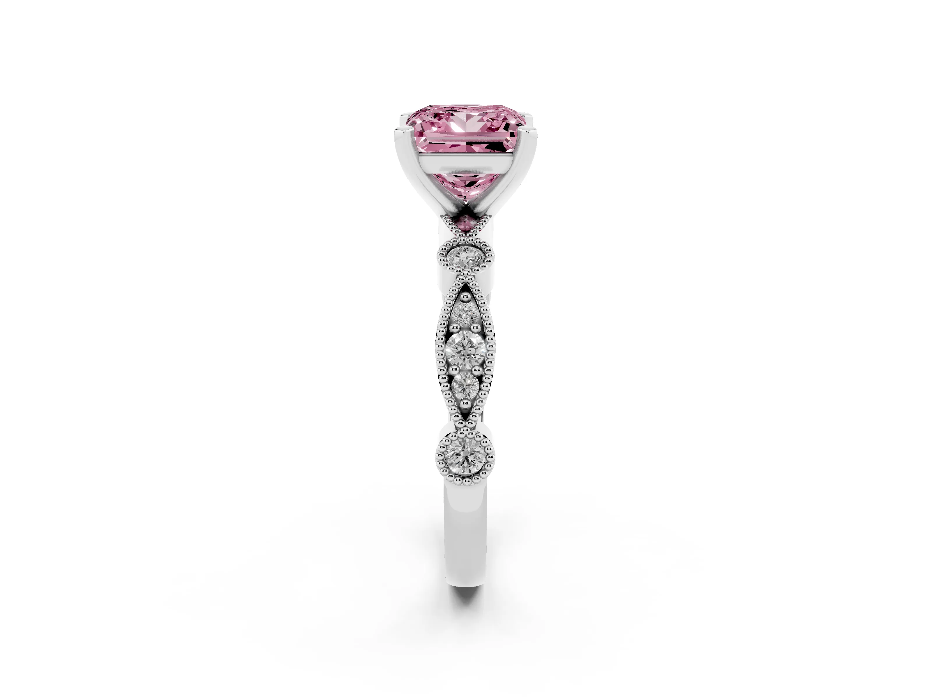 Fancy Pink Princess Cut Diamond Solitaire Engagement Ring Set in Silver with Milgrain Bezel Accent Band