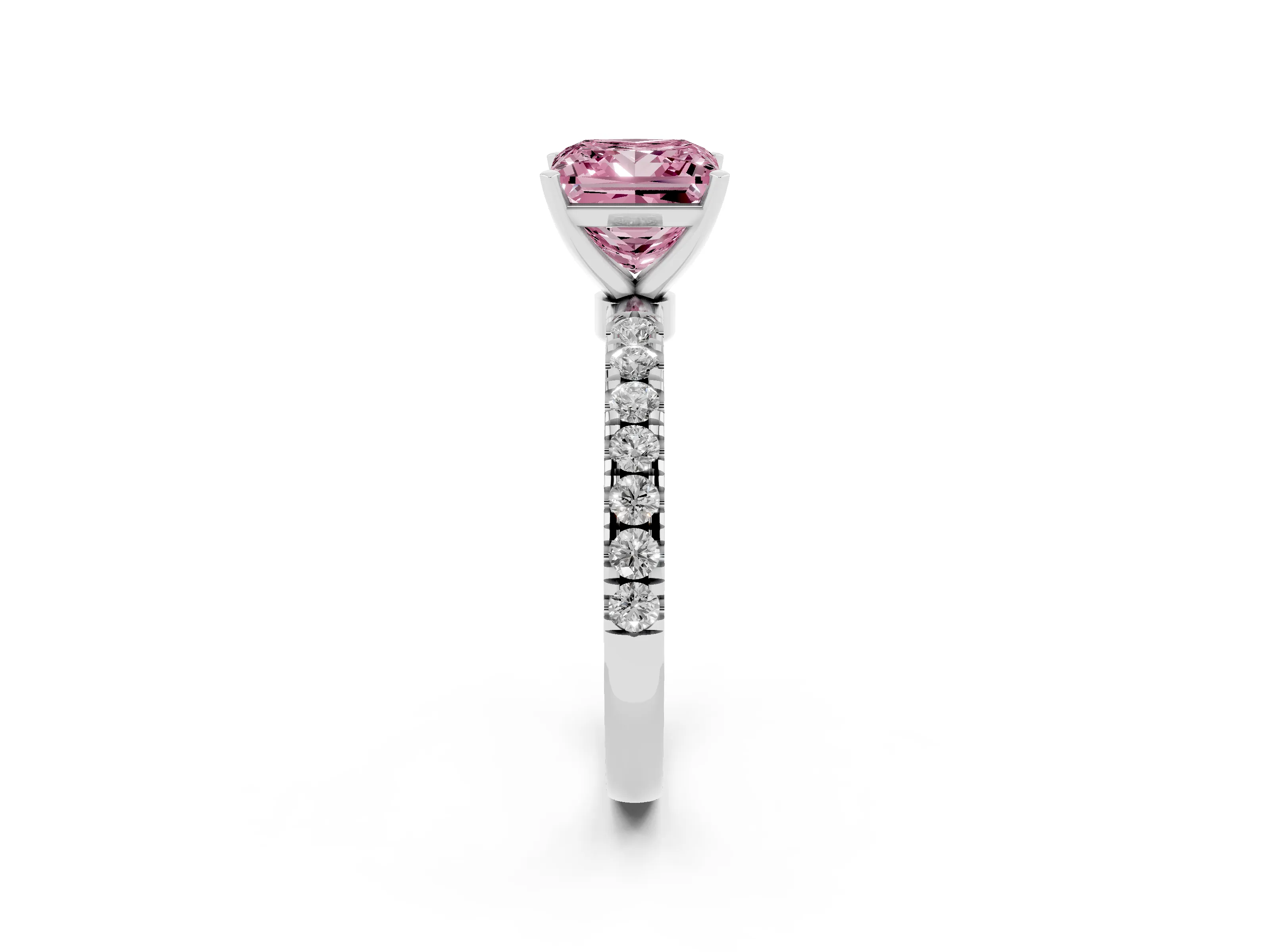 Fancy Pink Princess Cut Diamond Solitaire Ring Set in Silver with Pavé Accents and Prong Setting